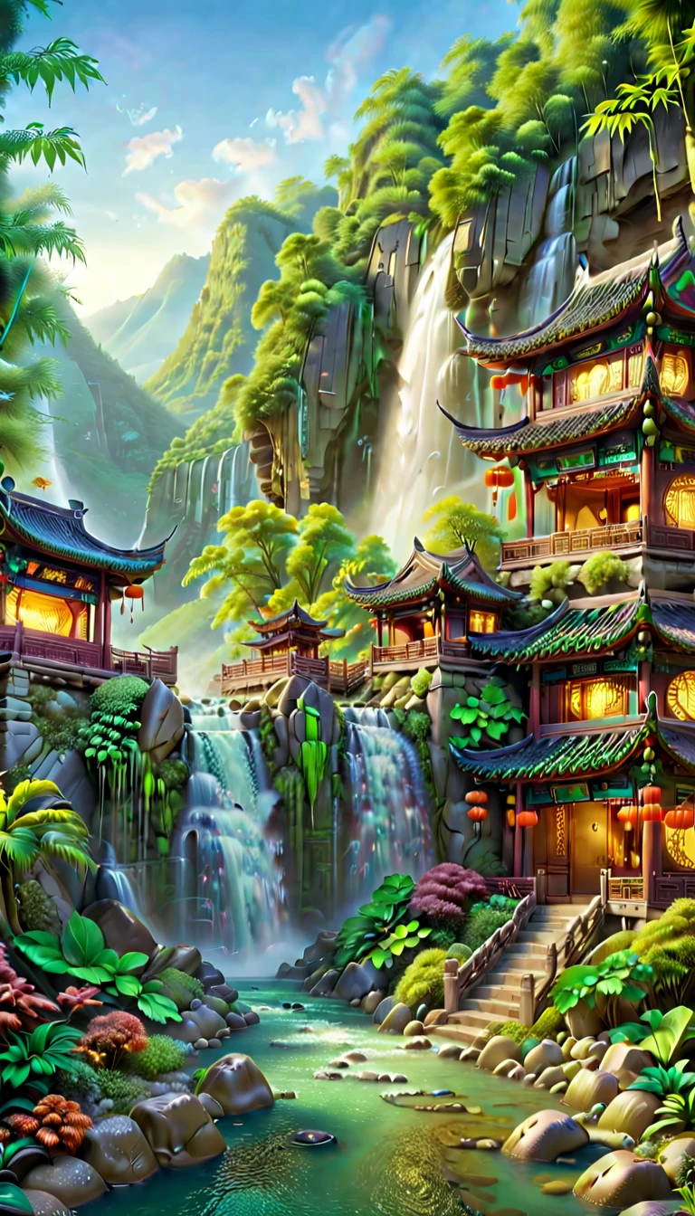 A breathtaking scene of China's famously beautiful waterfall, showcasing its majestic flow amidst a lush, vibrant landscape. The waterfall cascades over steep cliffs, surrounded by dense forests and mist rising from the impact zone. Traditional Chinese architecture, such as pavilions or bridges, subtly integrates into the scene, enhancing the cultural and natural harmony. The image captures the essence of tranquility and the awe-inspiring power of nature, with crystal-clear water sparkling under the sunlight, creating a serene and picturesque setting that epitomizes the ultimate beauty of Chinese landscapes.
