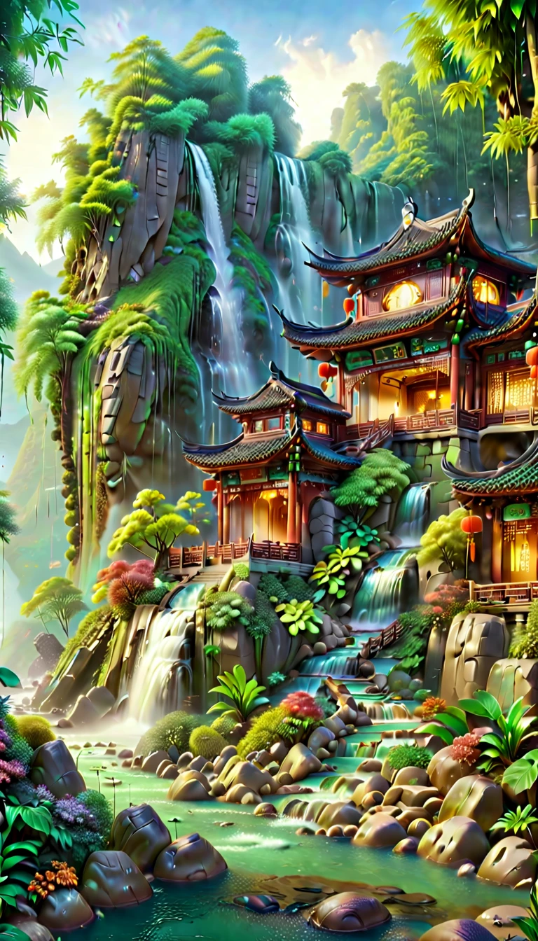 A breathtaking scene of China's famously beautiful waterfall, showcasing its majestic flow amidst a lush, vibrant landscape. The waterfall cascades over steep cliffs, surrounded by dense forests and mist rising from the impact zone. Traditional Chinese architecture, such as pavilions or bridges, subtly integrates into the scene, enhancing the cultural and natural harmony. The image captures the essence of tranquility and the awe-inspiring power of nature, with crystal-clear water sparkling under the sunlight, creating a serene and picturesque setting that epitomizes the ultimate beauty of Chinese landscapes.