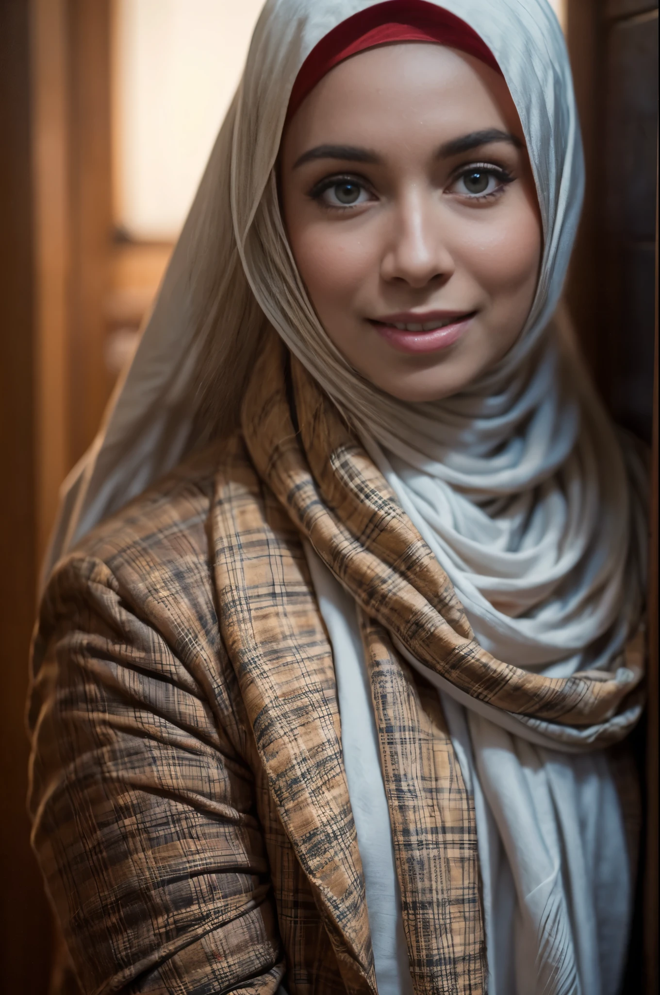 masterpiece, best quality, high res, 1girl with hijab, portrait, realistic, side lighting, wallpaper, masterpiece, best quality, highres, looking at viewer, 