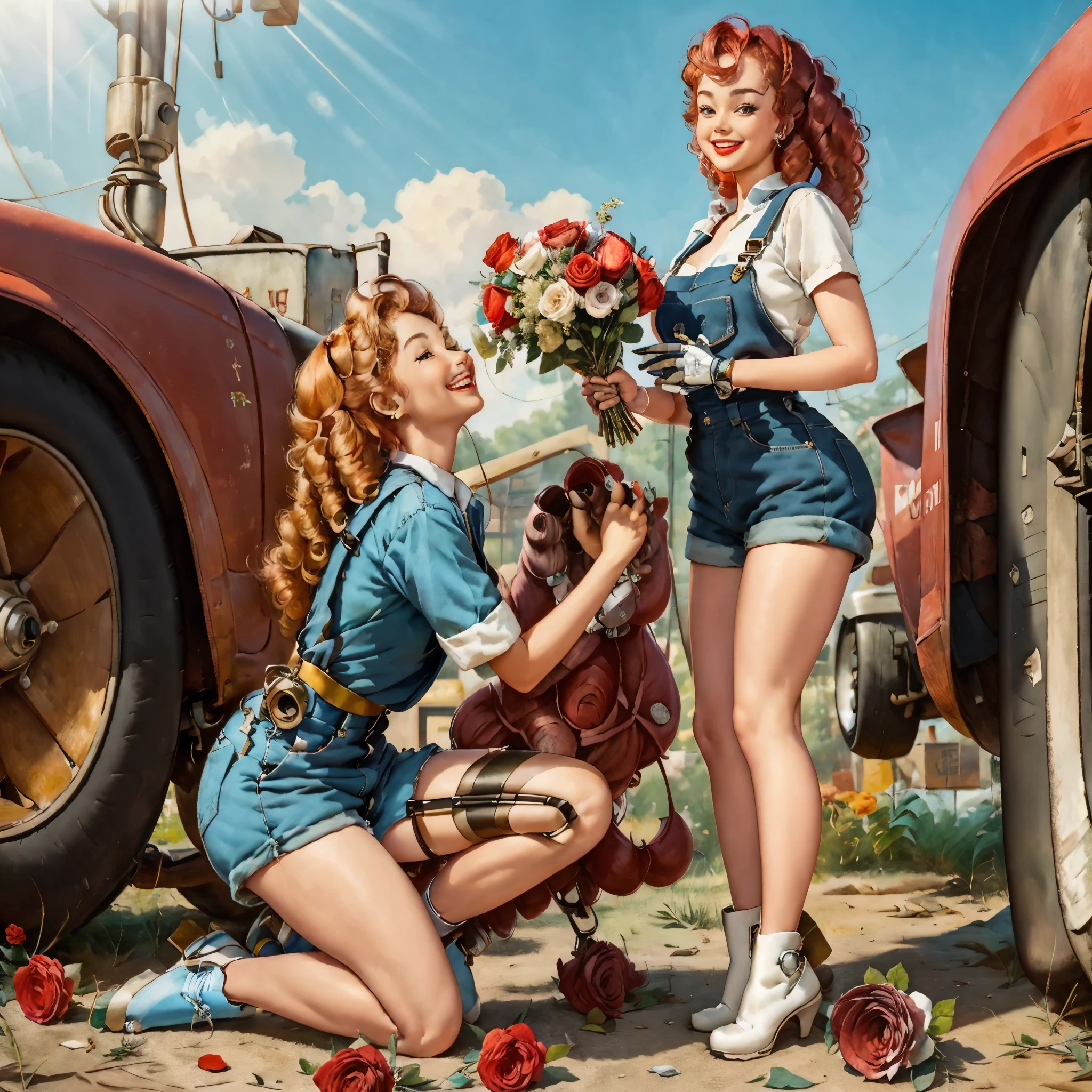 Pinup masterpiece, (rusty anthropomorphic  robot) standing on one knee, robot giving bouquet of roses to curly red-haired girl in mechanic's overalls, girl smiling, In the background yard of robot repair shop. Sunny, dynamic light