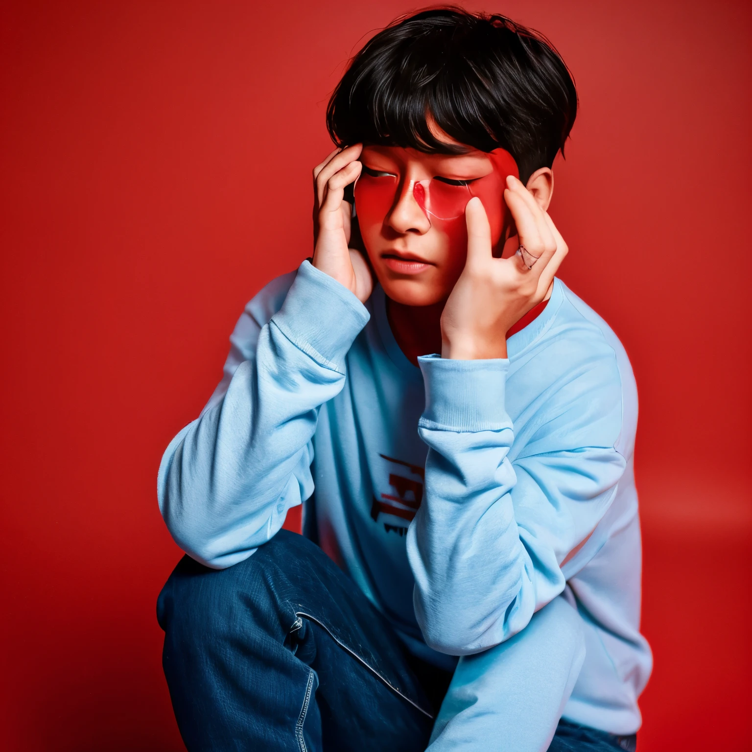 Boy with red colour crying