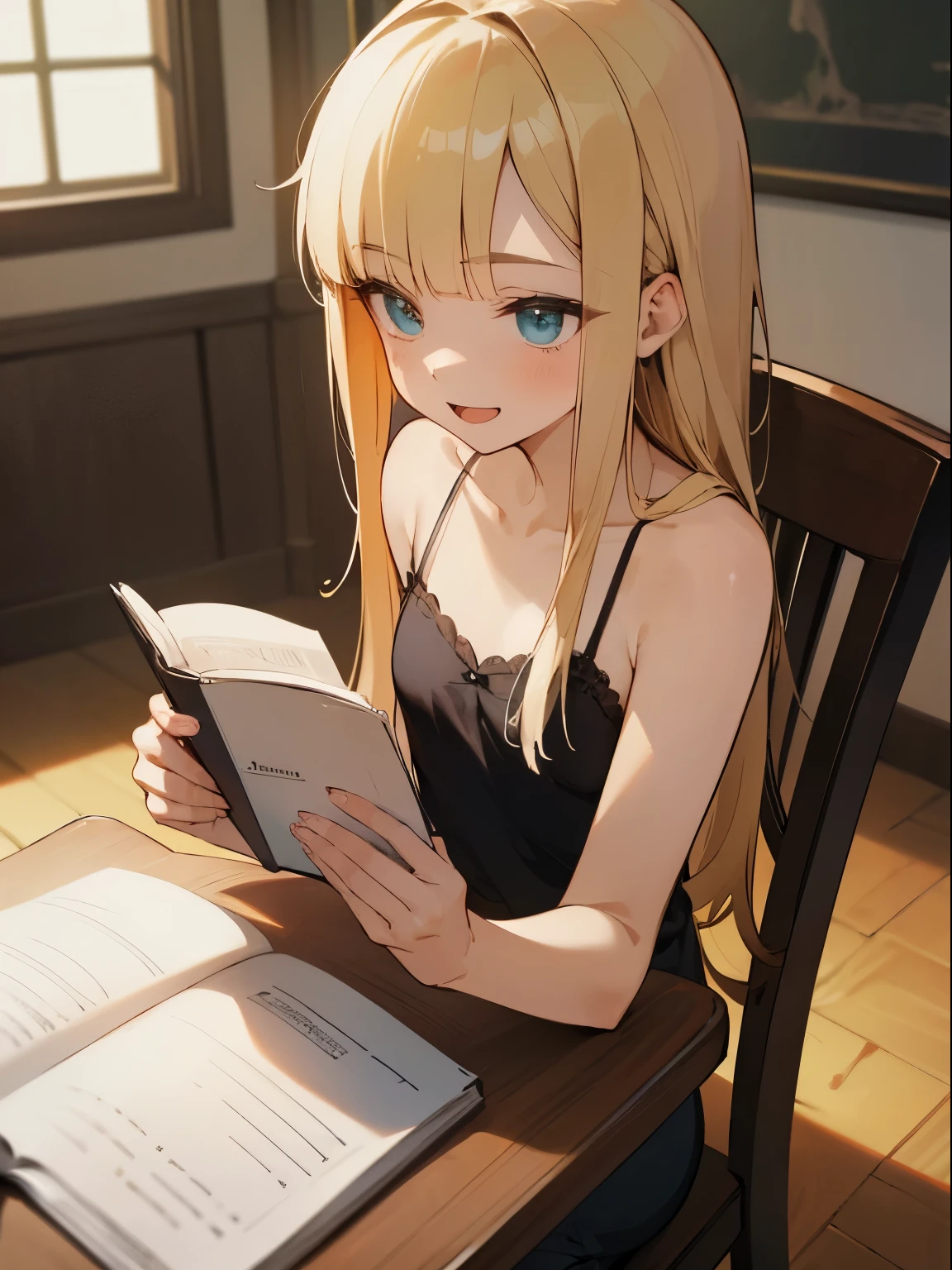 Reines, 1girl, high quality, best quality, illustration, masterpiece, (highly detailed:1.2), (extremely detailed:1.3), flat chest, camisole, bare shoulders, young girl, mini skirt, braid, (children:1.2), , in a house, sitting on chair, smiling, studying, reading on desk,