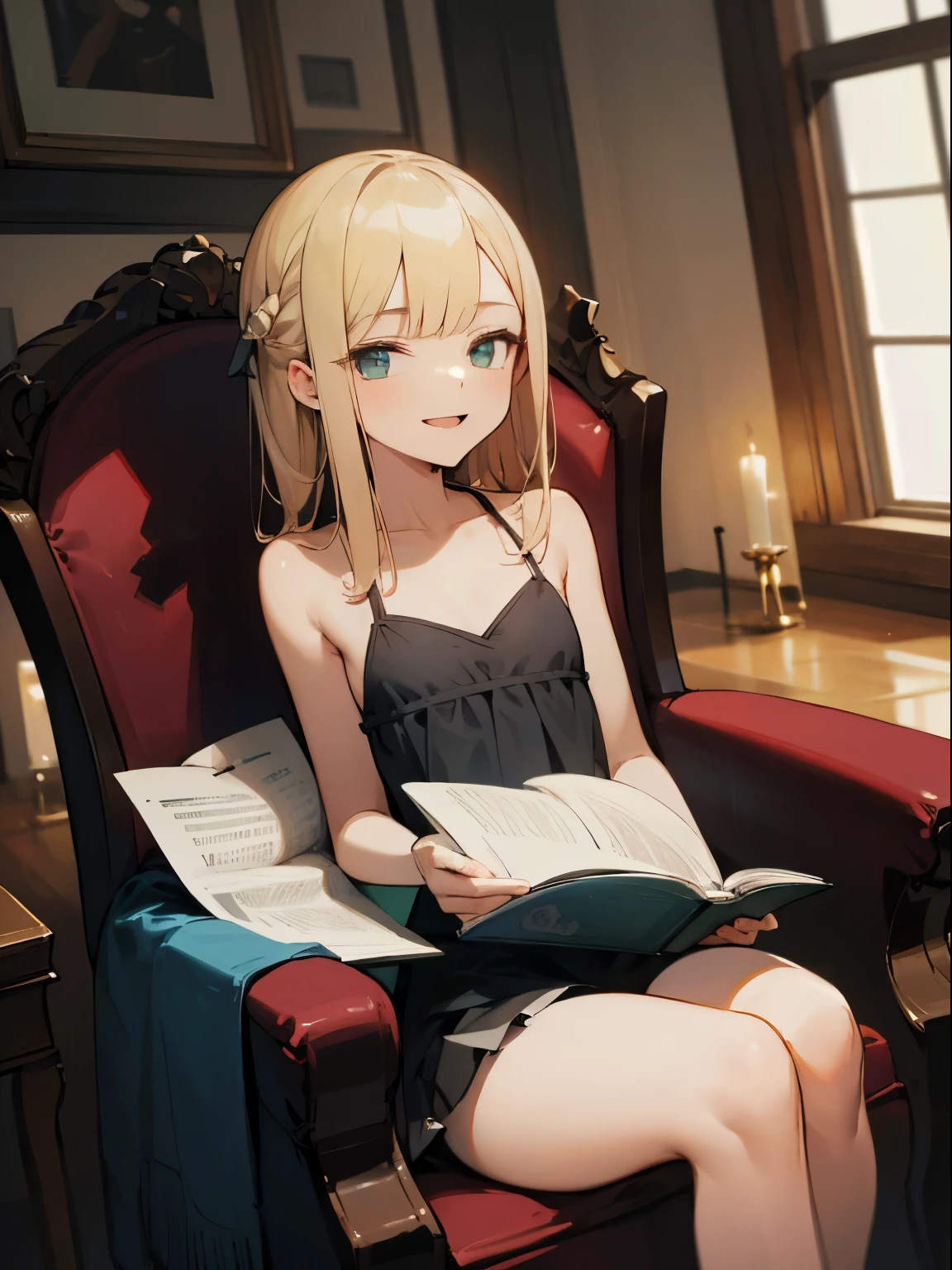 Reines, 1girl, high quality, best quality, illustration, masterpiece, (highly detailed:1.2), (extremely detailed:1.3), flat chest, bra, camisole, spaghetti straps, backless, bare shoulders, young girl, braid, (children:1.2), , in a house, sitting on chair, smiling, detachable sleeve, armpits