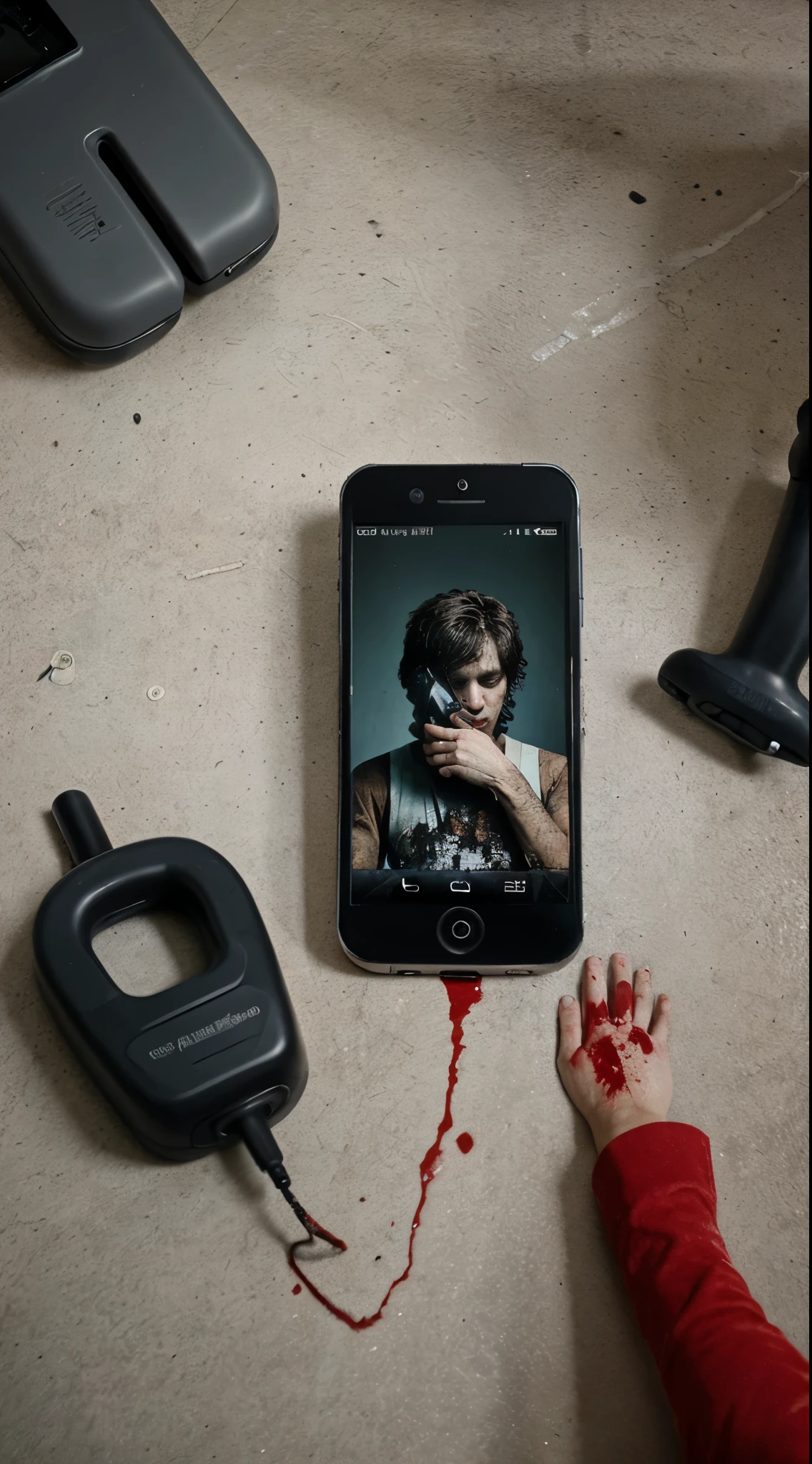 Handphone and black pistol on the floor with a blood