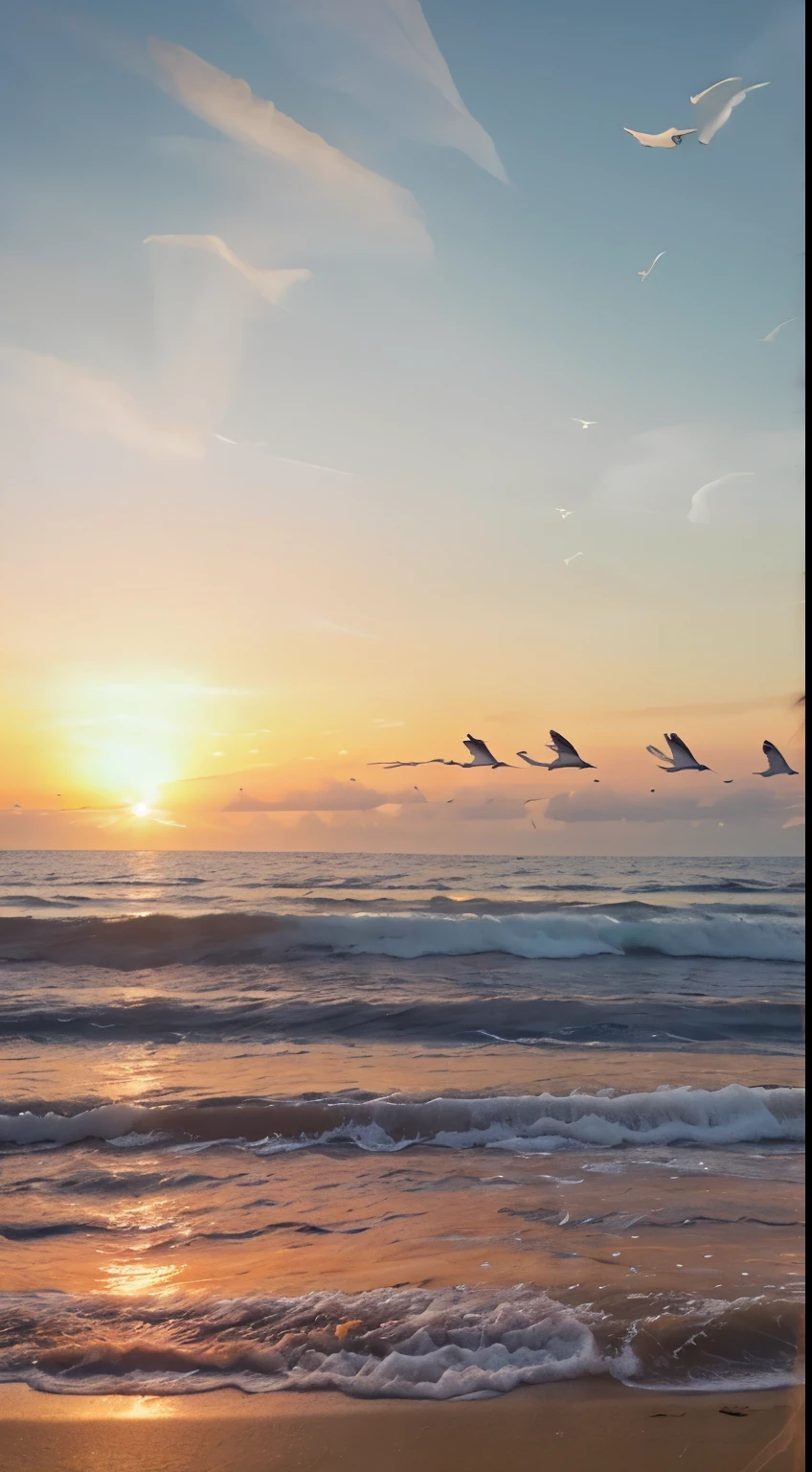 An absolutely mesmerizing sunset over the beach, with a blend of oranges, pinks, and yellows filling the sky. Crystal-clear waters of the sea gently kissing the shore, with sandy white beach stretching far and wide. The scene is dynamic and breathtaking, with seagulls soaring high in the sky and gently swaying palm trees. Take in the calming atmosphere and let the peacefulness wash over you.