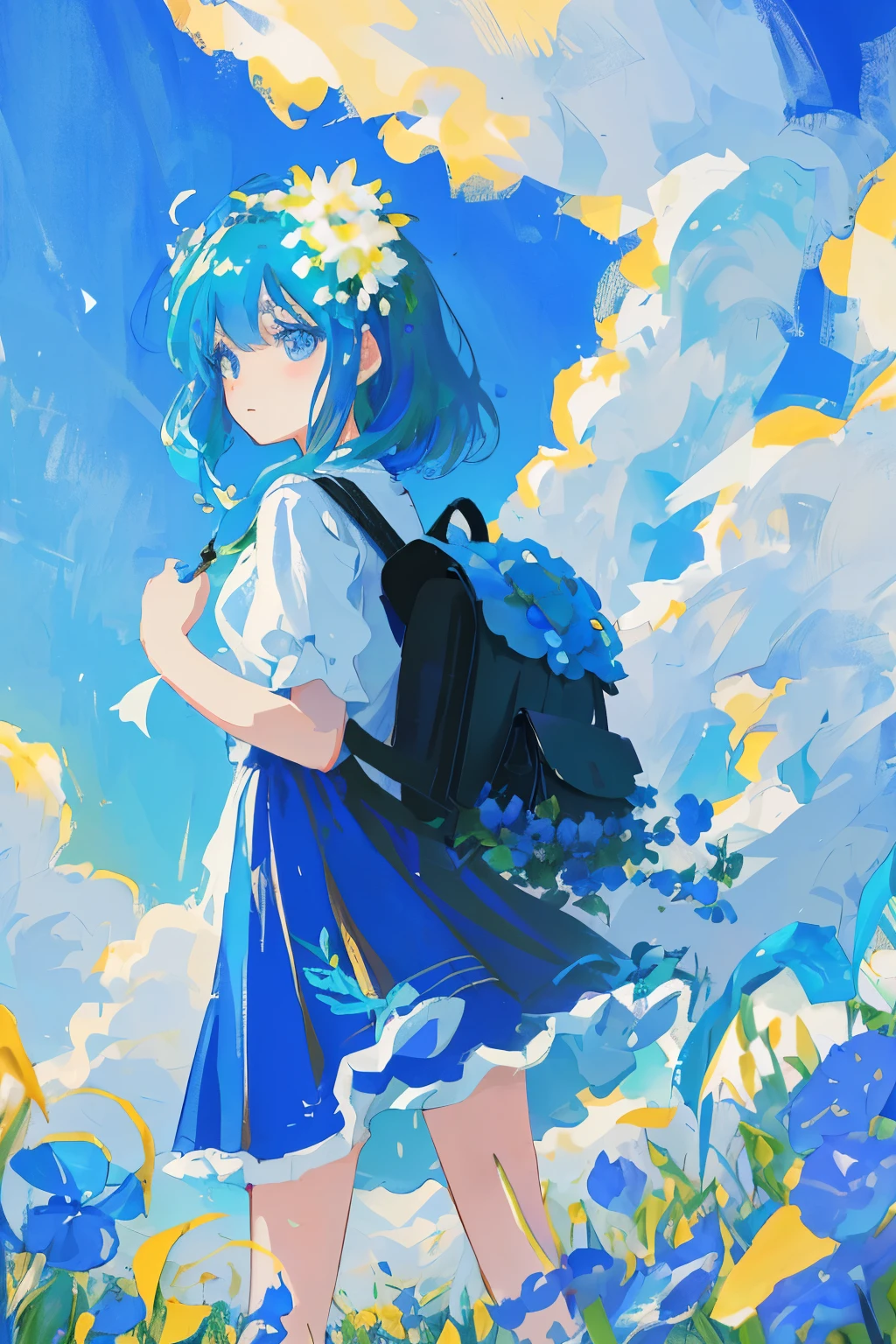 In the new scene, the cartoon girl in the field of flowers with a backpack is depicted against a serene blue backdrop. The blue hue gives the image a calming and refreshing feel, making the blooming flowers pop even more. The children's art on ArtStation, cute detailed digital art, and other elements remain unchanged, enhancing the overall beauty and charm of the image.