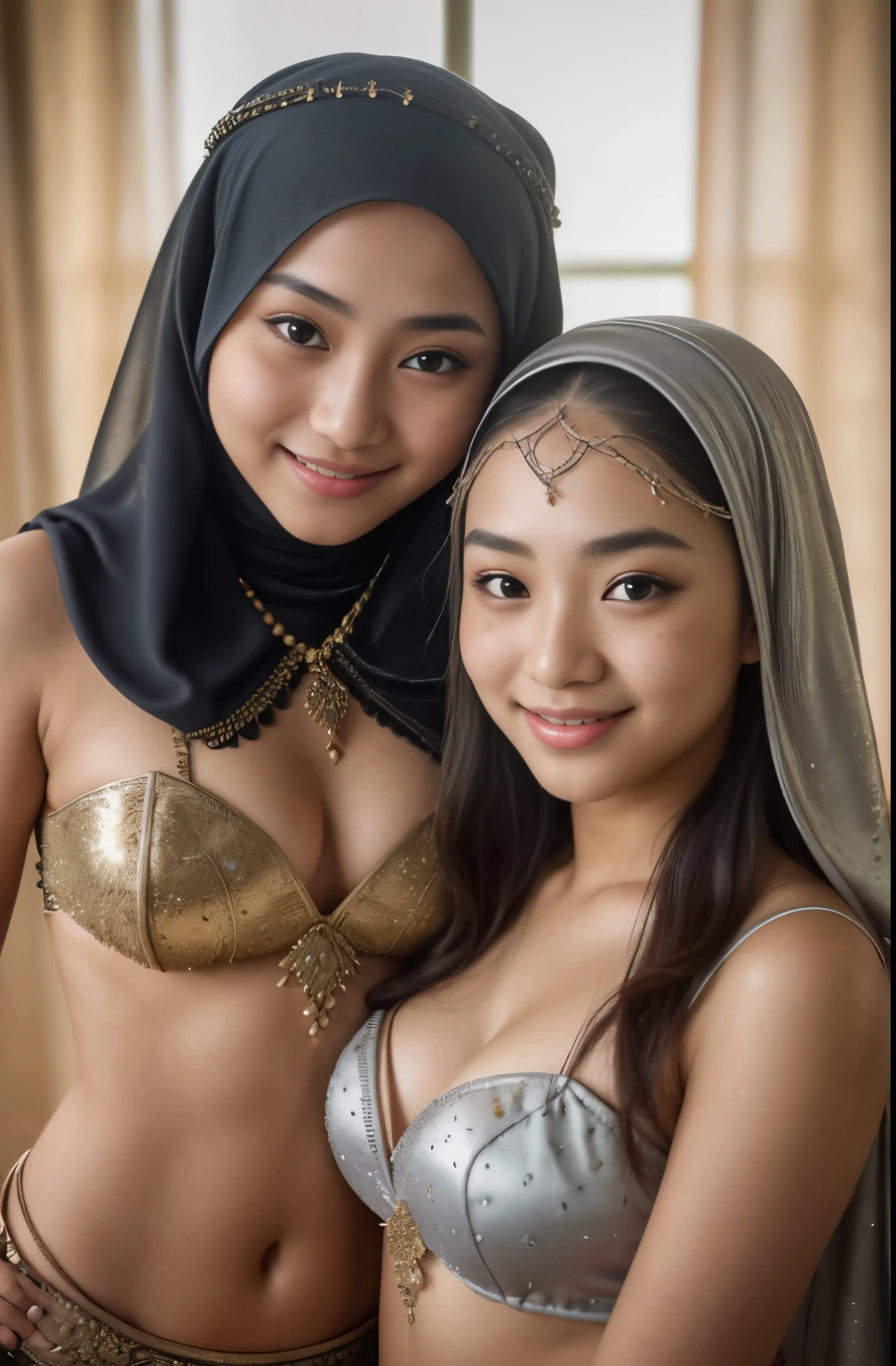 2girls, silver bellydancer, cleavage, two beautiful javanese and chinese girls with hijab and few soft freckles, mole below eyes, detail skin texture, smile, , dramatic light , Rembrandt lighting scheme, (hyperrealism:1.2), (8K UHD:1.2), (photorealistic:1.2), shot with Canon EOS 5D Mark IV, detailed face, detailed skin texture, 35mm, over-the-shoulder shot,cool-toned color grading, Deep Focus cinematography effect, Natural Lighting, high quality, ultra detail, 8k resolution,