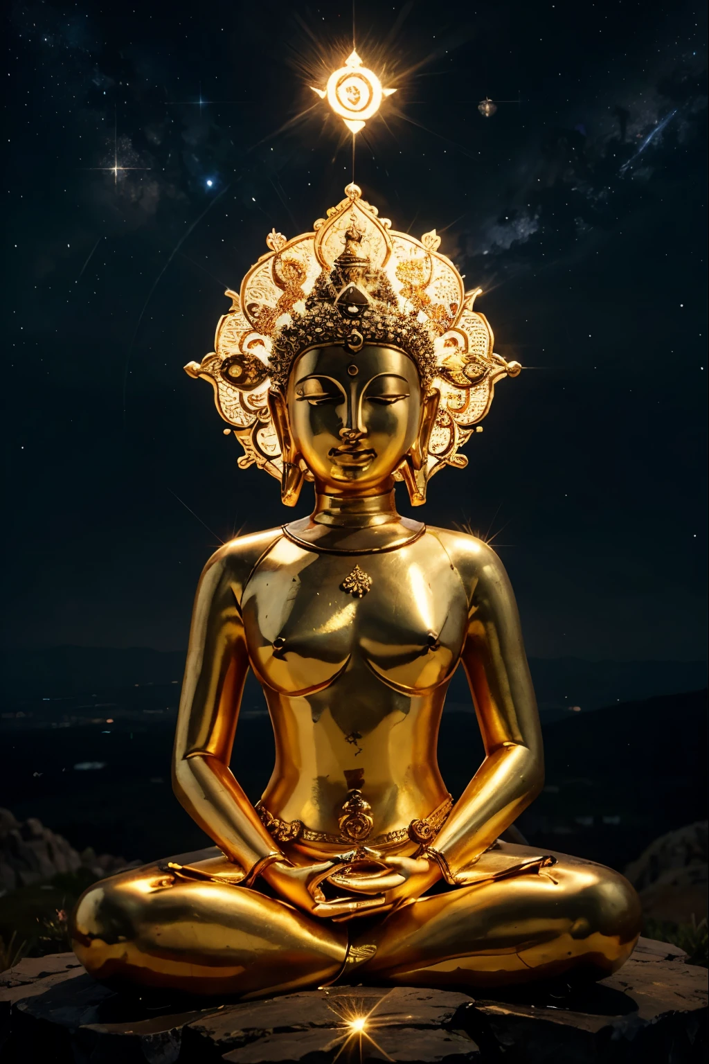 A huge Manjushri Bodhisattva sits on the top of a mountain,Starry night,Buddha's light shines everywhere,Manjushri Bodhisattva material made of gold sculpture,it's glittering,It faces the world in a positive light,Fairy-like,magnificent,The face of Manjushri Bodhisattva is clear,lifelike,it's very tall,Let the world look up to you!