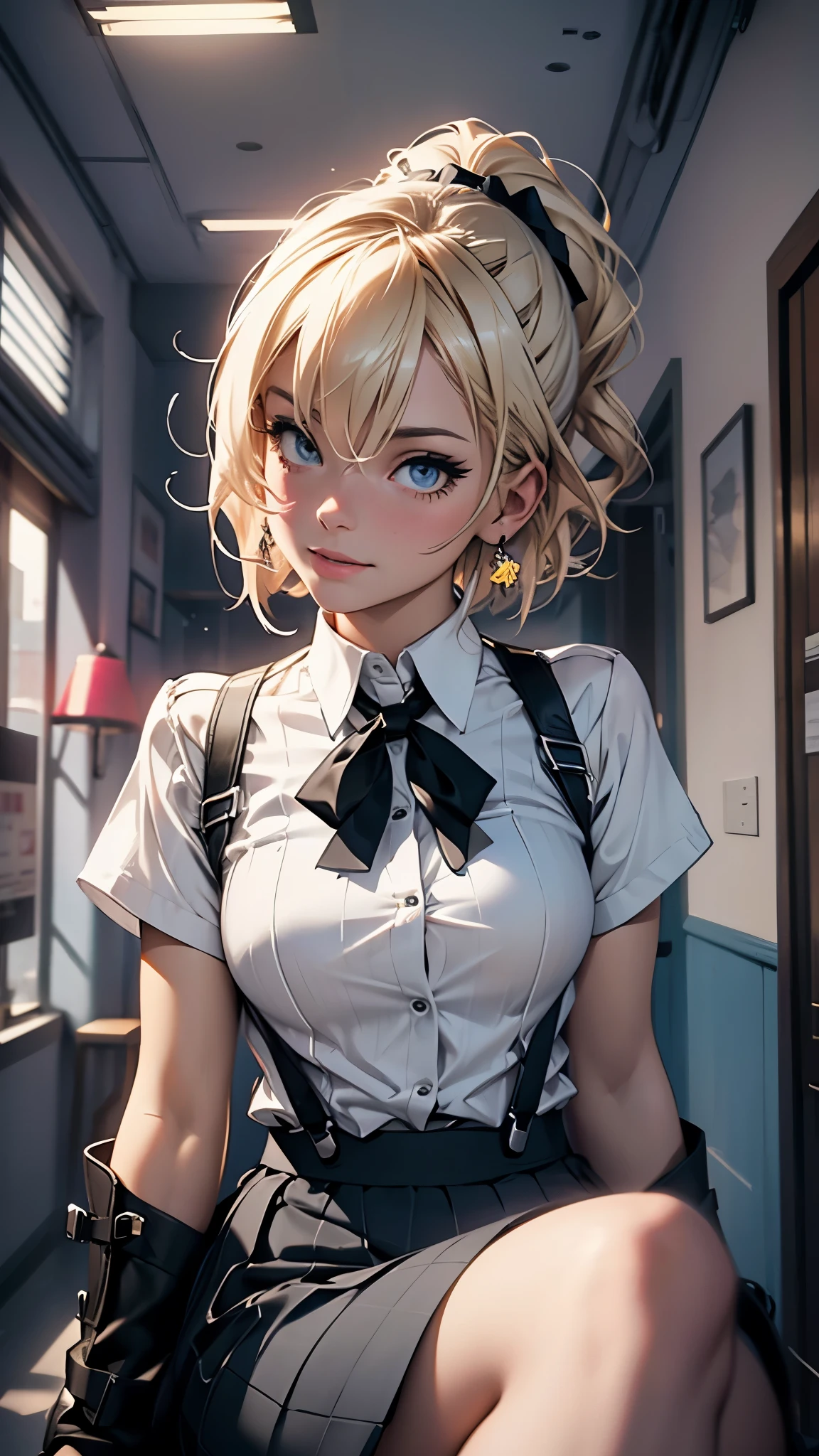 Inside the hotel,one girl,riding a wheelchair,rowling a wheelchair,short blonde hair,ponytail,smile,grin,ribbon,blouse,suspenders skirt,(best quality,4k,8k,highres,masterpiece:1.2),ultra-detailed,(realistic,photorealistic,photo-realistic:1.37),HDR,UHD,studio lighting,extreme detail description,professional,vivid colors,portraits