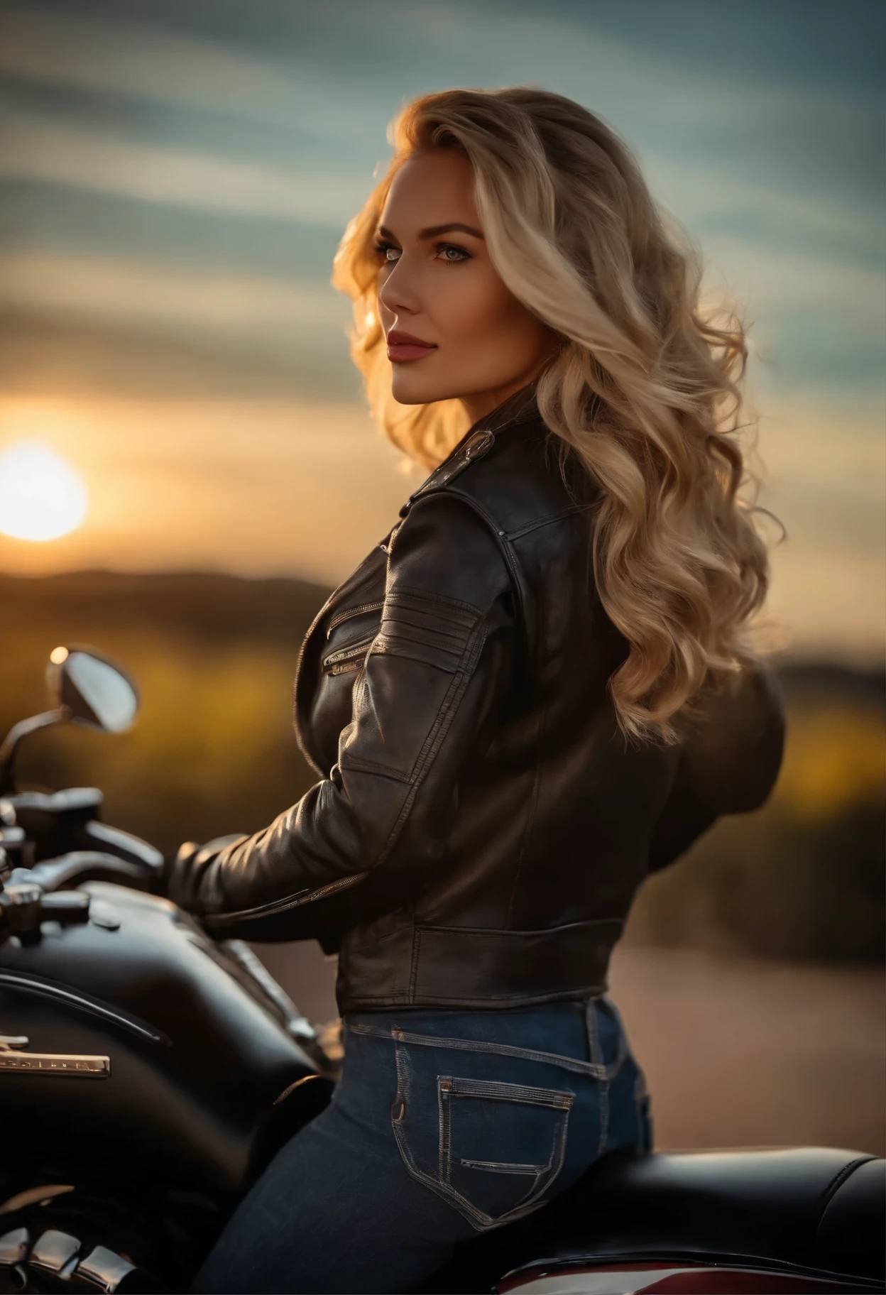 from the rear, a gorgeous European blonde woman, age 26, wavy hair, riding a motorcycle , sexy pose、Looking at the camera、Riders Jacket| (Metal decoration、Large emblem on the back), Too short jeans shorts, leather Rider Boot, American Highway, (in the sunset light:1.2),
perfect eyes, perfect hands, perfect body, perfect hair, perfect breast, hair behind ear, blurry foreground, UHD, retina, masterpiece, accurate, anatomically correct, textured skin, super detail, high details, high quality, award winning, best quality, highres, 16k, 8k