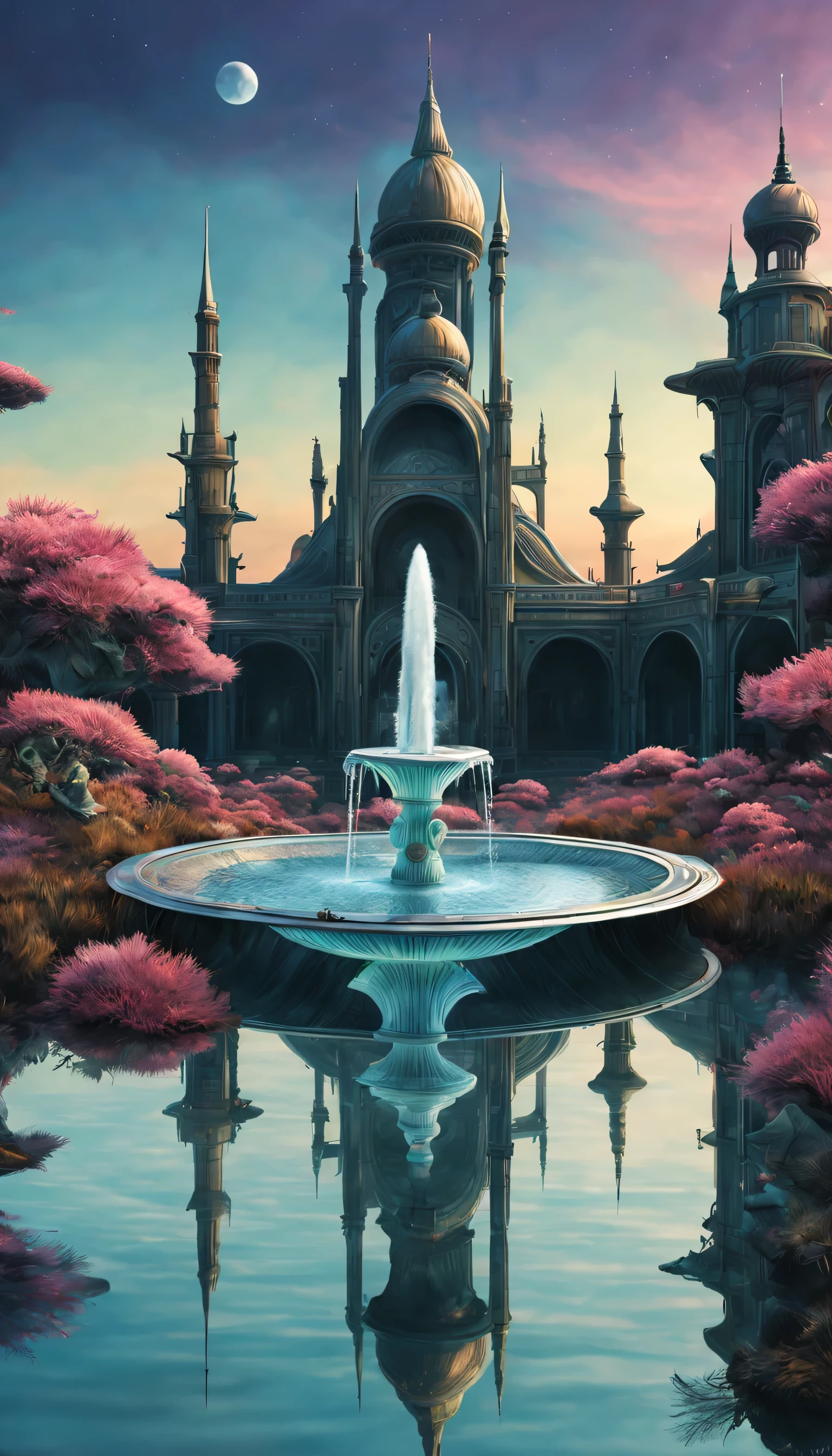 Science fiction, 半机械fountain喷出大量水,(dune),fountain,wetlands,reflection in water, complex structure,,punk style,gerald bloom style