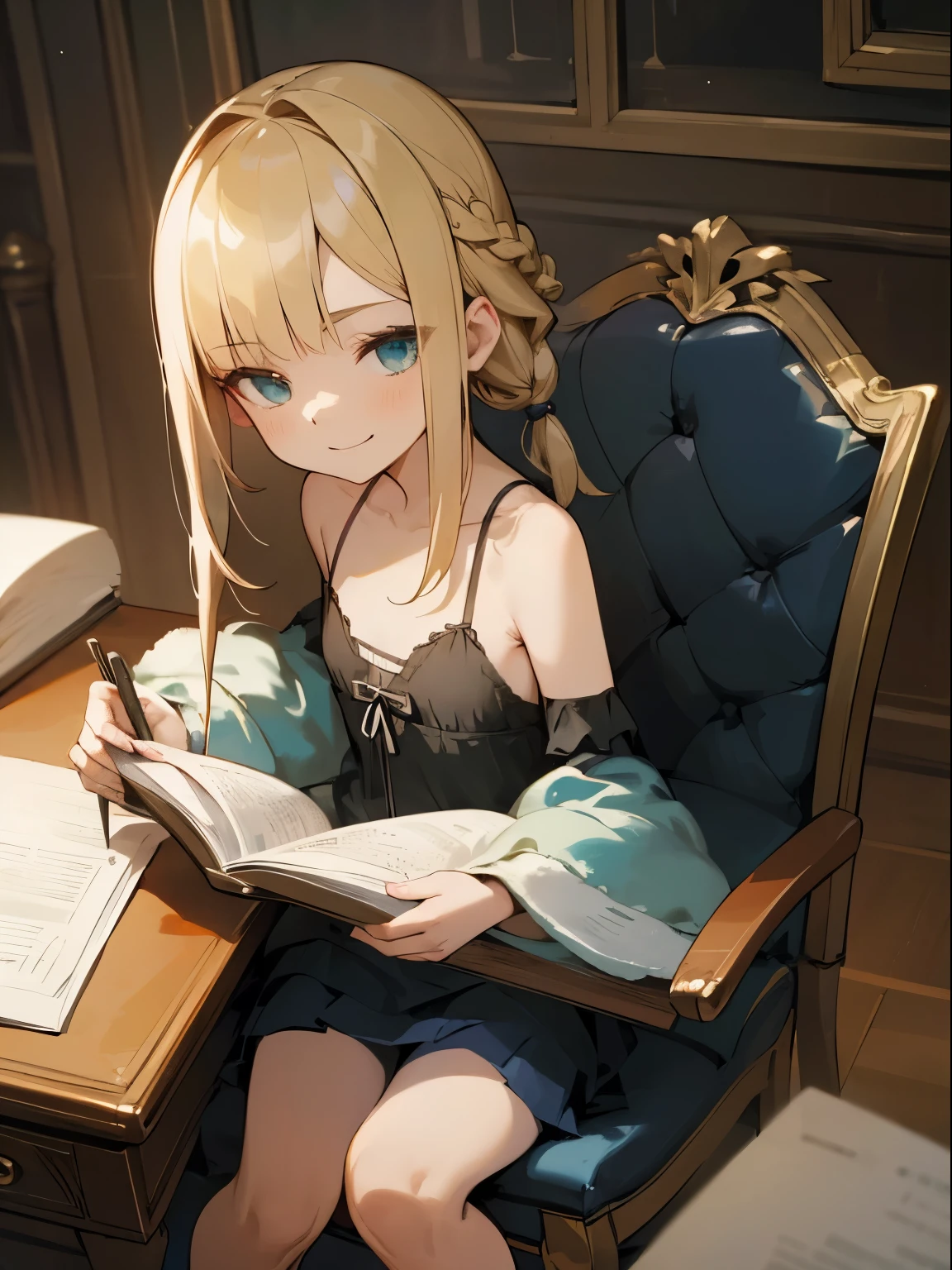 score_9, score_8_up, score_7_up, source_anime, masterpiece, ((1girl and 1boy)), A woman sitting on a chair with her legs apart doing paperwork, Boy buries his face between woman&#39;s legs, licking pussy, The boy is cross-dressed and kneeling on the floor masturbating