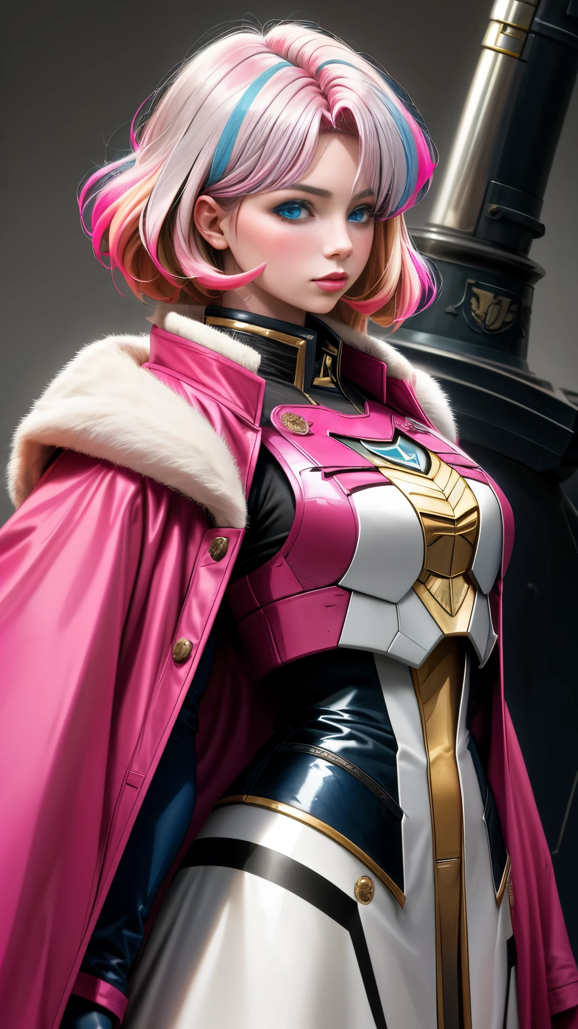 Realistic Red Sotheby Girl Photo,Shortcut Bob Cut,I have a lot of hair,beautiful blue eyes,Her hair color is a gradation between bright pink and blonde.,cool look,background is gray,Coat of arms of the Principality of Zeon, daughter of Haman Khan and Char Aznable.