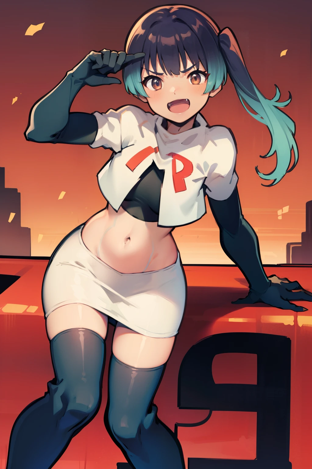 face of sena \(xenoblade\), 1girl,team rocket,team rocket uniform, red letter R, white skirt,white crop top,black thigh-highs,black elbow gloves,evil laugh ,