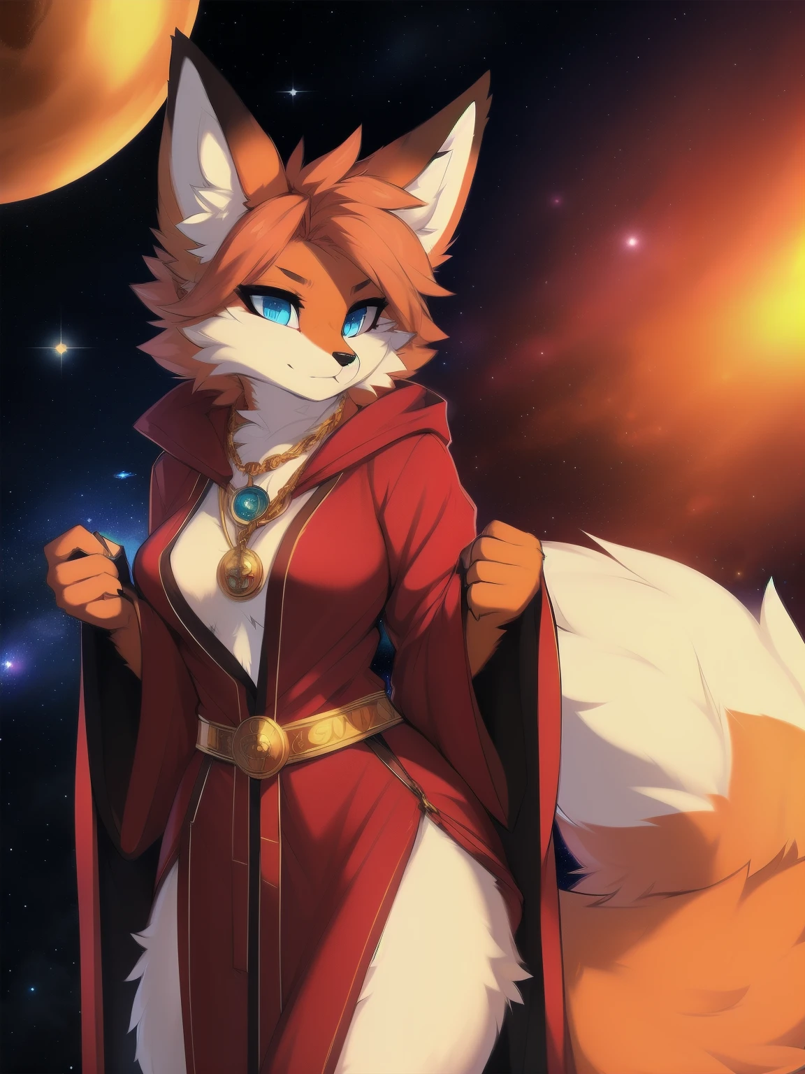 ((masterpiece, best quality)) by zackary911,zackary911, fluff-kevlar, by fluff-kevlar, anthro fox, female, solo, one character, fuury character, furry female. blue eyes, very big ears, red robe. gold medallion, orange fur. fluffy fur, big tail, serious face, space background