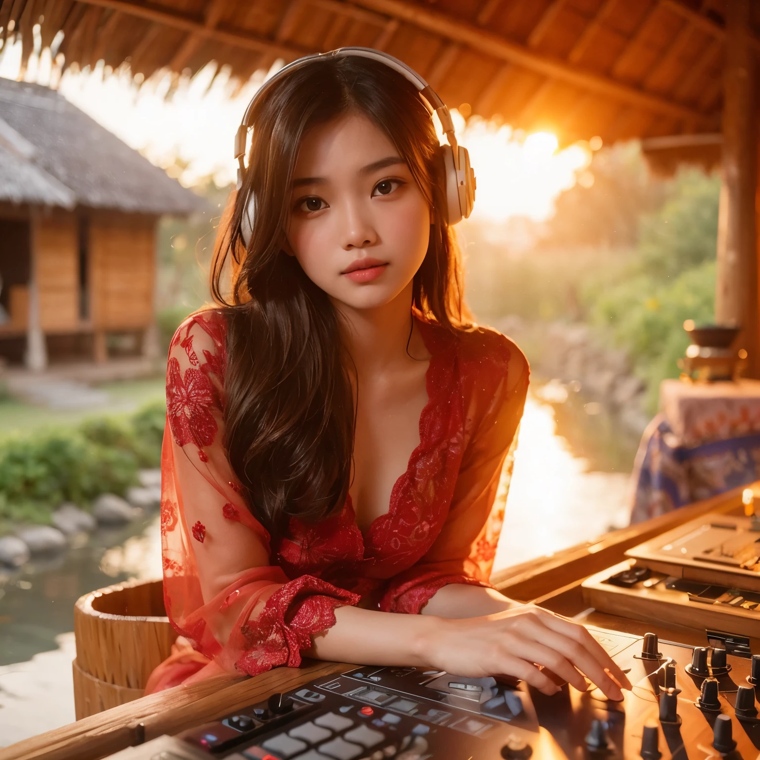 twilight atmosphere, a cute Indonesian girl 18 years old, detailed face, moist shiny, shoulder length hair, wearing a red kebaya and short batik sarong, remixing music in front of the DJ turntable, wearing a headset, round clear glasses, barefoot sitting at the door in front of his house, the house is made of bamboo, in front of the kitchen flows a small clear river, a natural clear rocky river. realistic photo. Photo taken with Fujifilm XF 56mm f/1.2 R Lens camera. HDR10 8K