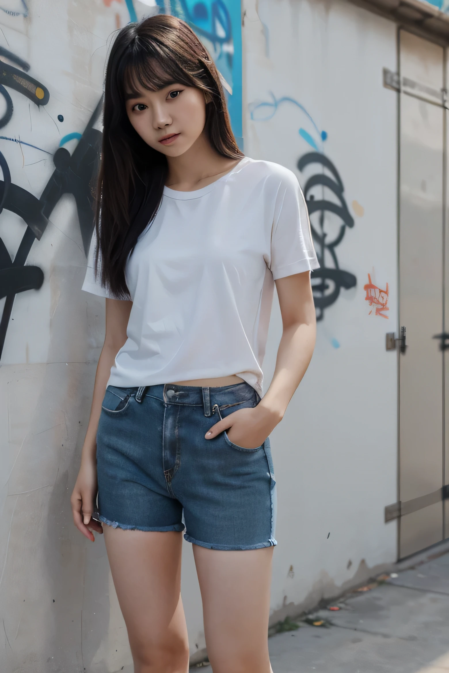 1 Chinese woman, 20 years old, wearing a plain t-shirt (clothing model), full body visible, graffiti background, realistic, UHD
