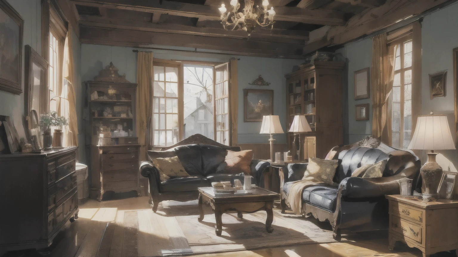 ((best quality)), ((masterpiece)), (detailed), comic book, living room, Living room with a classic atmosphere, antique furniture, Sofa, chair, table, pattern, Example of medieval European atmosphere, no people