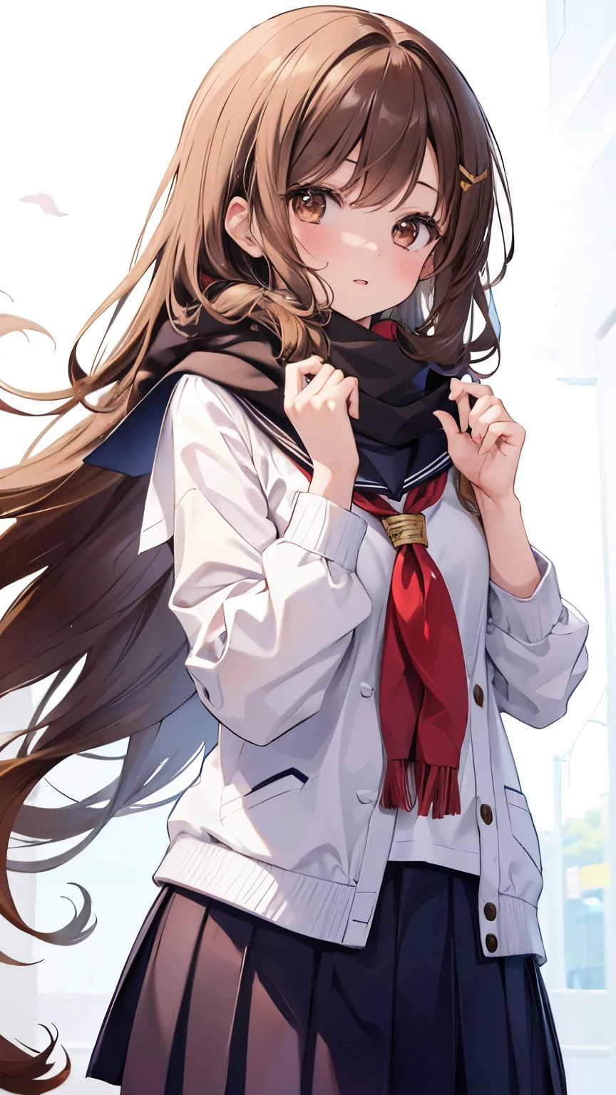 1girl, high school girl, long hair, brown hair, sailor school uniform, brown eyes, scarf, white background