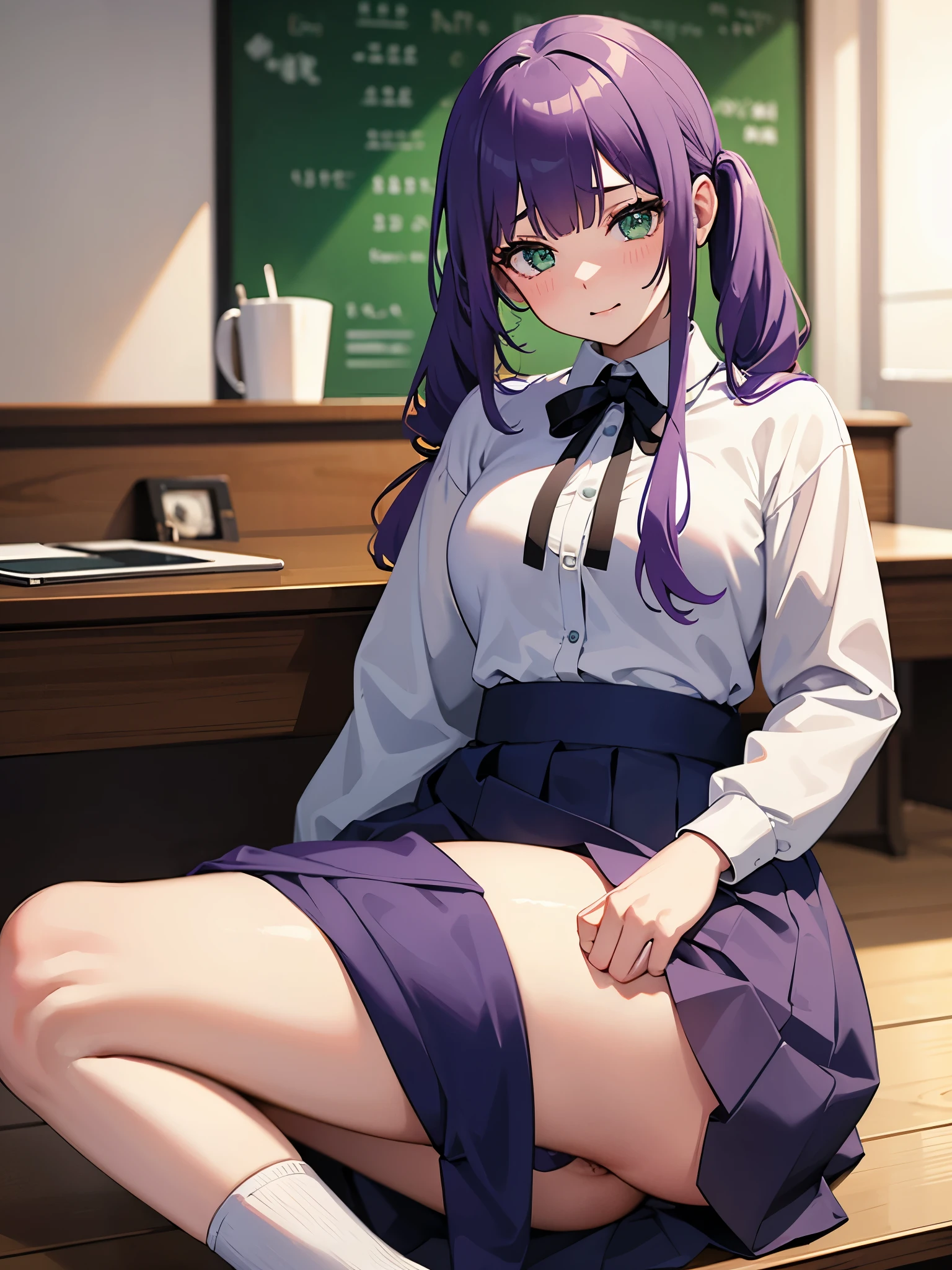 Pretty girl , Purple hair, two pigtails, green eyes, white shirt, gray skirt, cute ass, no panties,Sitting on a guy's face, and is embarrassed