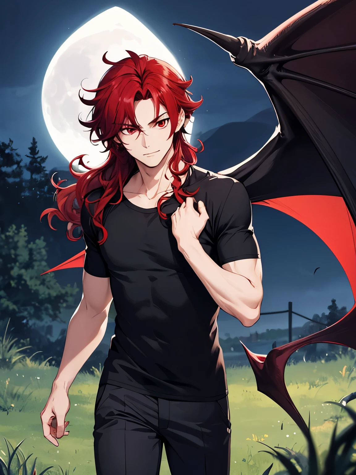 1boy, cool style,Black t-shirt,walk on the grassy hill, night, beautiful moon,half body photo, big bat wings on his back,handsome,Shoulder length hair,curly hair, red hair,black trousers, black shirt, red eyes, vampire