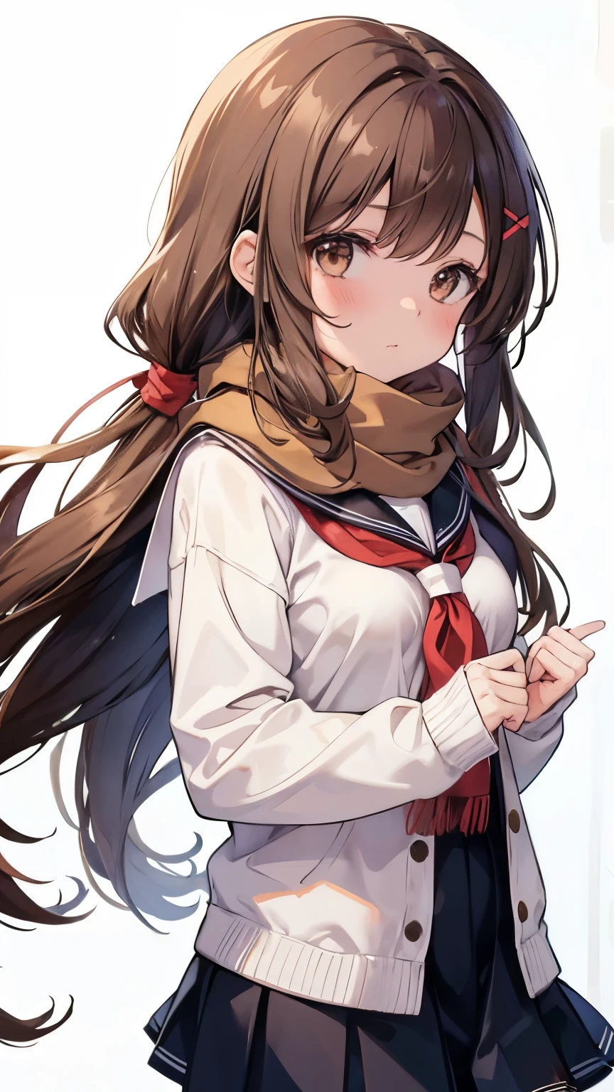 1girl, high school girl, long hair, brown hair, sailor school uniform, brown eyes, scarf, white background