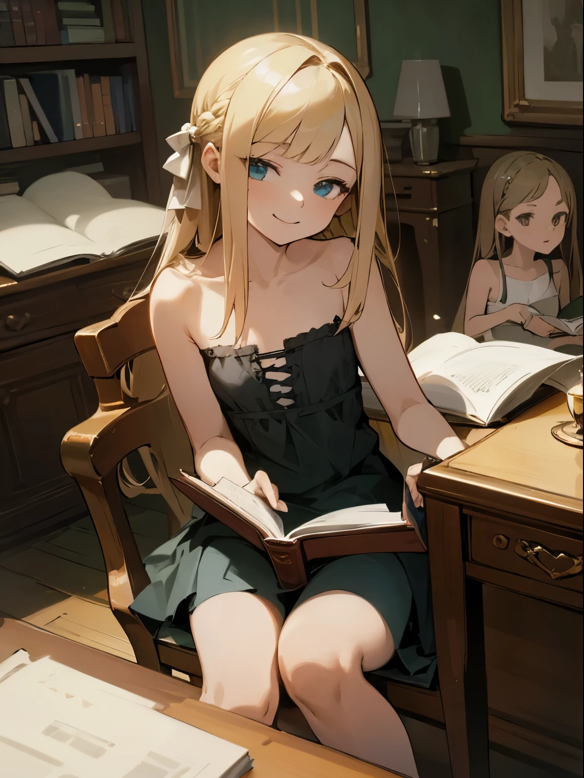 Reines, 1girl, high quality, best quality, illustration, masterpiece, (highly detailed:1.2), (extremely detailed:1.3), flat chest, camisole, backless, bare shoulders, young girl, mini skirt, braid, (children:1.2), , in a house, sitting on chair, smiling, studying, reading on desk, 