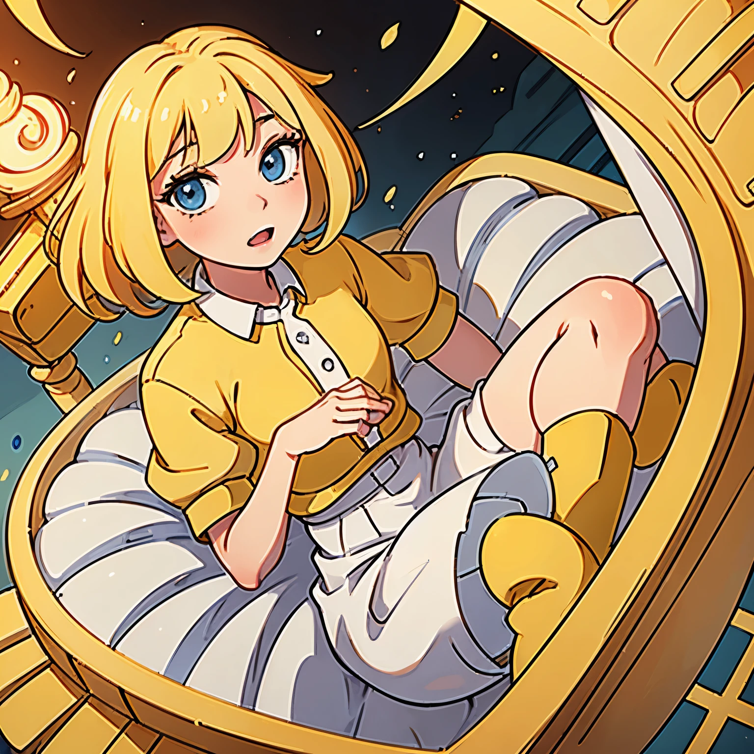 Yellow , girl, chess, princess, beautiful, wonderland, Strong yellow hair, anime, blue eyes, Cute, very beautiful, White clothes, 16 years