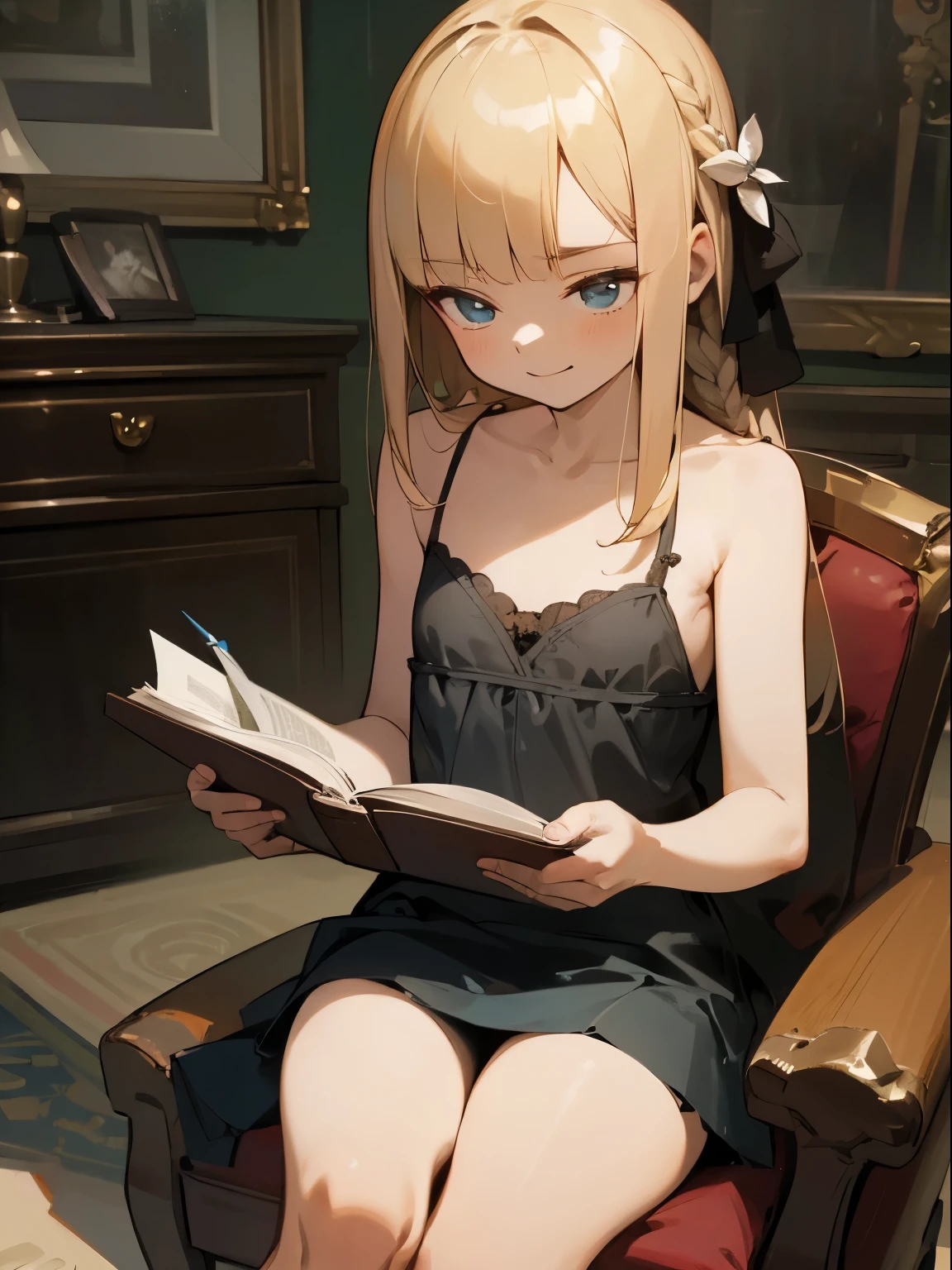 Reines, 1girl, high quality, best quality, illustration, masterpiece, (highly detailed:1.2), (extremely detailed:1.3), flat chest, camisole, backless, bare shoulders, young girl, mini skirt, braid, (children:1.2), , in a house, sitting on chair, smiling, studying, reading on desk,