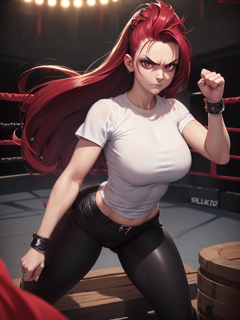 best quality,masterpiece,detailed,16k,8k,sole_female, (fullbody shot), (((Suzanfire, huge , 1girl, fired hair, tight white shirt, black pants, black wists bracelets, solo, angry eyes, closed mouth, red eyes, mohawk long hair))), ((((at fight club)))), (((from_front))), ((punching the wooden dummy)), ((Beautiful Suzanfire), 30_years_old, sexual_expression)), ((masterpiece, photorealistic, best quality, perfect face, perfect hands, perfect mouth, perfect eyes, perfect body)),