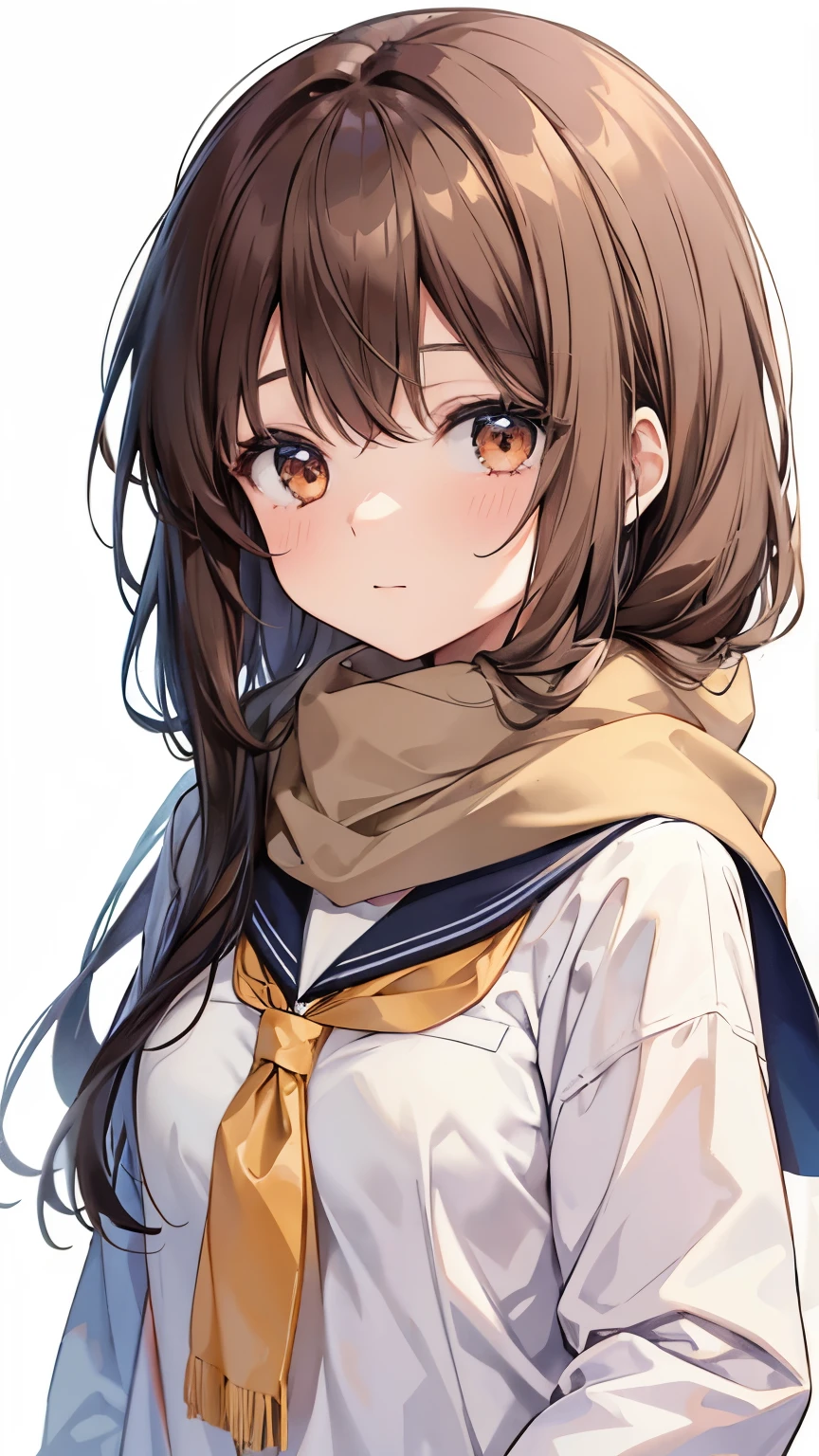 1girl, high school girl, long hair, brown hair, sailor school uniform, brown eyes, scarf, white background