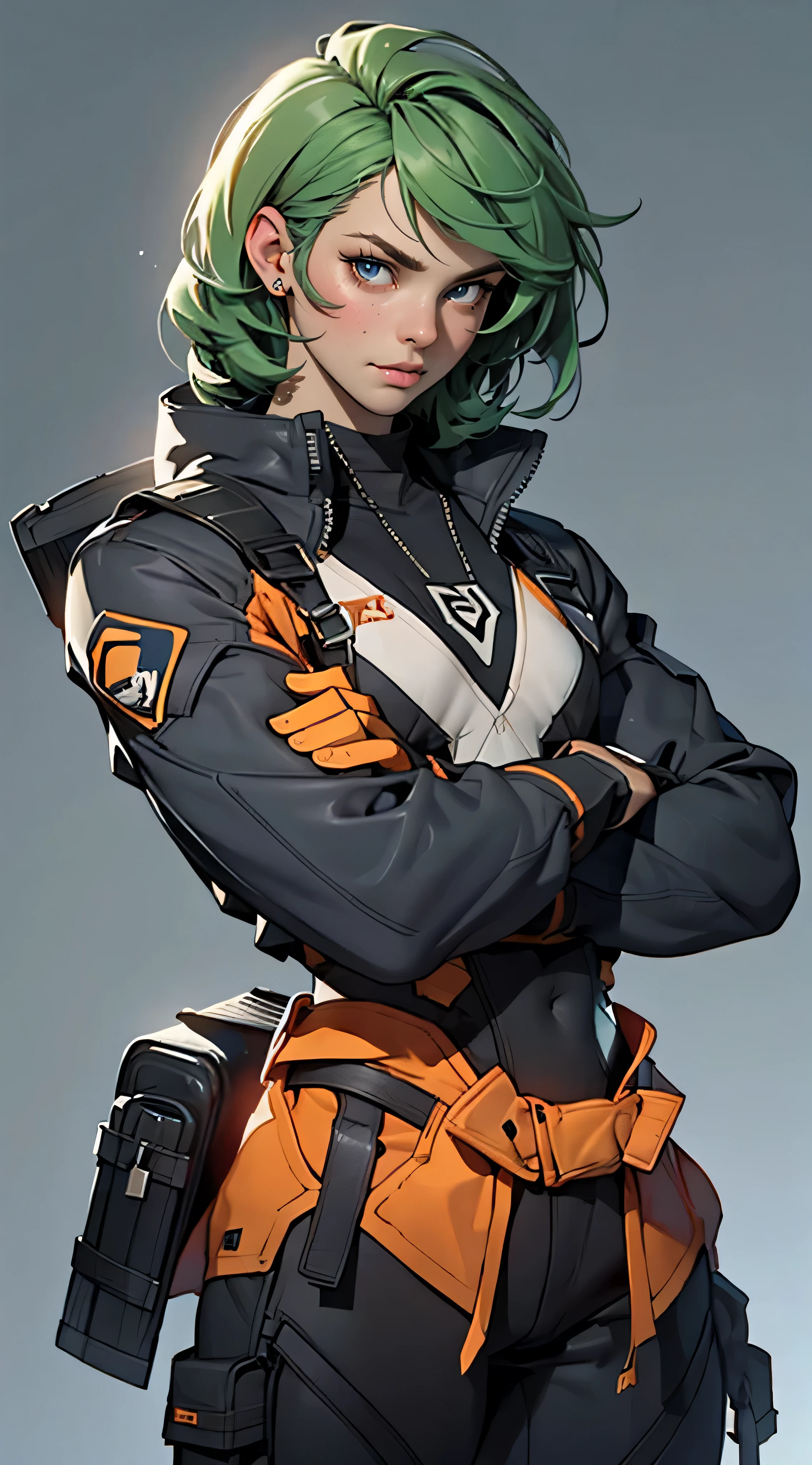 11:23(((best quality: 1.4))),(An unparalleled masterpiece), (super high quality),(Hyper-realistic 8K CG)、(light green hair),(hands crossed at waist),(looking at camera), ((( Body))), (((1 girl in))), 25-year-old American soldier with perfect Body,,Beautiful and well-groomed face,muscular Body:1.2,Solid royal blue jacket with details, (Pictures from head to thighs), Complex equipment,orange coat,Pants,The clothes inside are gray,Clothes with metal electronic parts,Tech Armor )