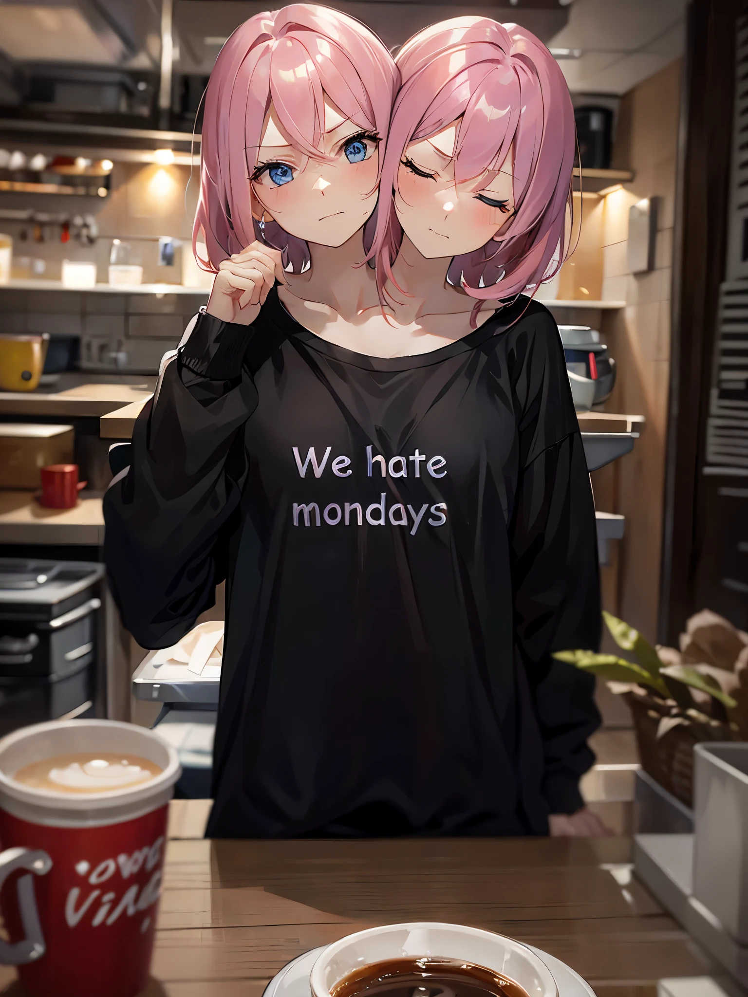 (masterpiece, best quality), best resolution, (2heads:1.5), 1girl, messy pink hair, blue eyes, one eye closed, sleepy, drowsy, grumpy, oversized white t-shirt with "We hate mondays" written on it, holding a coffee mug, apartment kitchen, early morning
