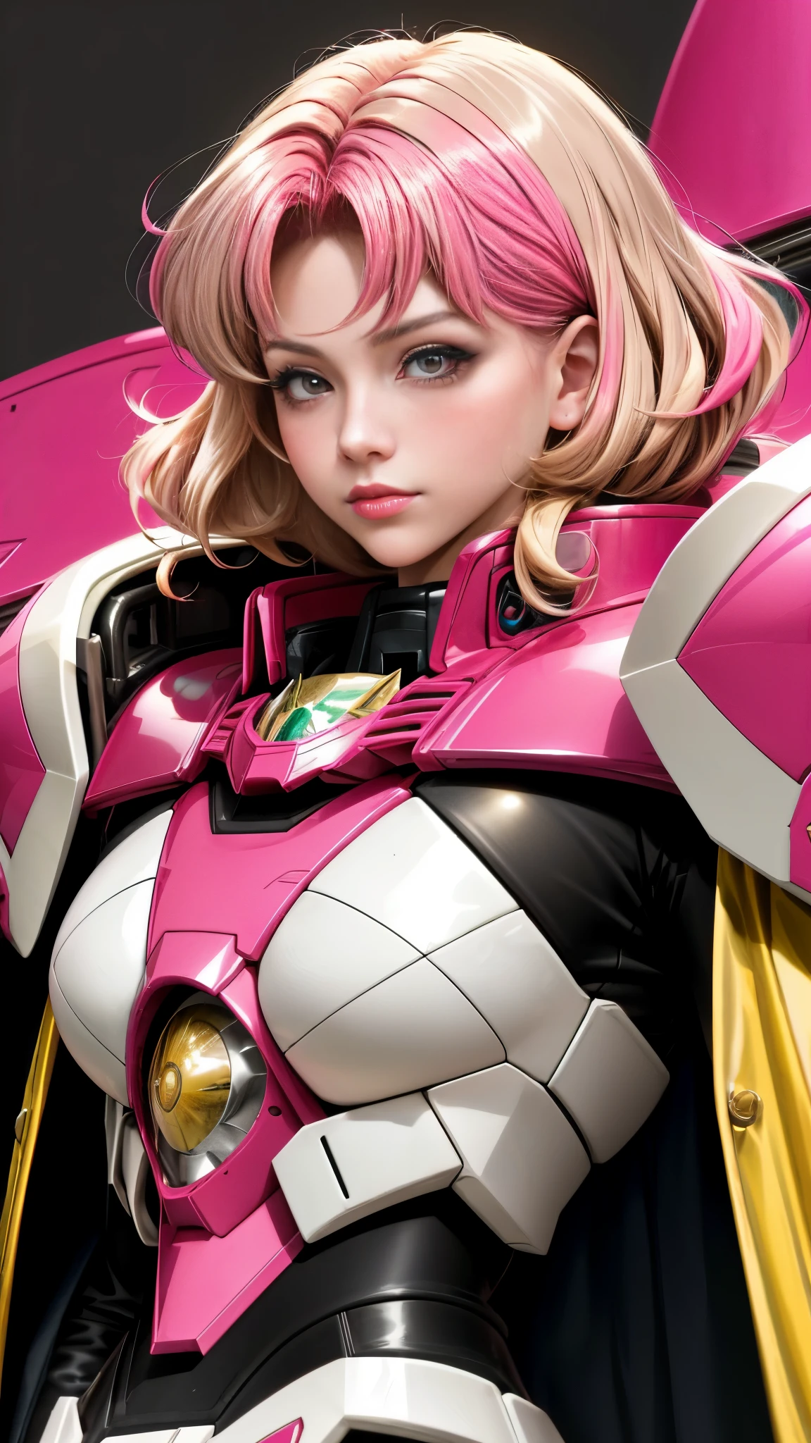 Realistic Red Sotheby Girl Photo，Shortcut Bob Cut，I have a lot of hair，brown eyes，Her hair color is a gradation between bright pink and blonde.，cool look，background is gray，Coat of arms of the Principality of Zeon，16 year old daughter of Haman Khan and Char Aznable.