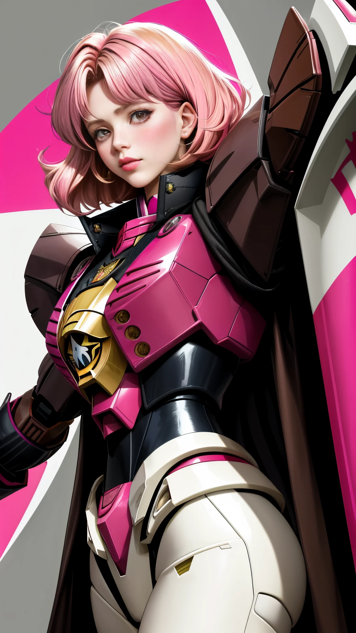 Realistic Red Sotheby Girl Photo,Shortcut Bob Cut,I have a lot of hair,brown eyes,Her hair color is a gradation between bright pink and blonde.,cool look,background is gray,Coat of arms of the Principality of Zeon,16 year old daughter of Haman Khan and Char Aznable.