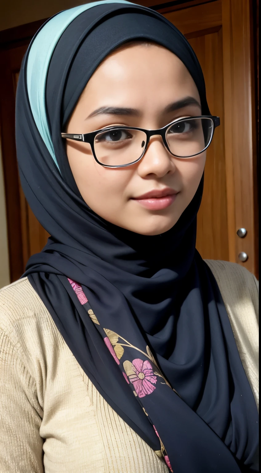 cleavage, (iu:0.6), RAW, Best quality, high resolution, Masterpiece: 1.3, Beautiful glasses javanese woman in colorful hijab, Masterpiece, Perfect slim body, Beautiful big eyes, Soft smile, Wearing open chest batik