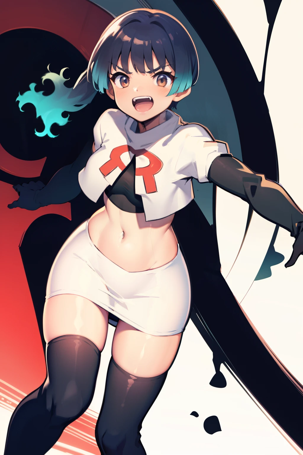 face of sena \(xenoblade\), 1girl,team rocket,team rocket uniform, red letter R, white skirt,white crop top,black thigh-highs,black elbow gloves,evil laugh ,