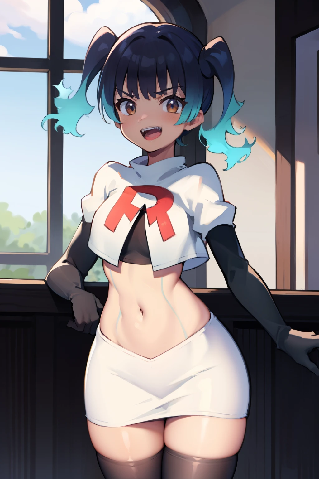 face of sena \(xenoblade\), 1girl,team rocket,team rocket uniform, red letter R, white skirt,white crop top,black thigh-highs,black elbow gloves,evil laugh ,
