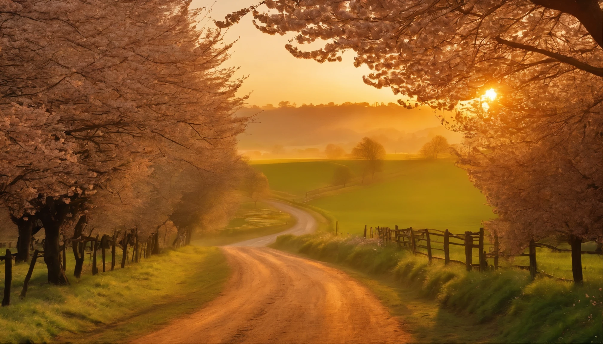 Create an image of a charming farming road at dawn. All the animals are waking up to a beautiful sunrise, 8K, UHD, HD, rolls of cherry trees blossom, bee keeper box around flowering trees