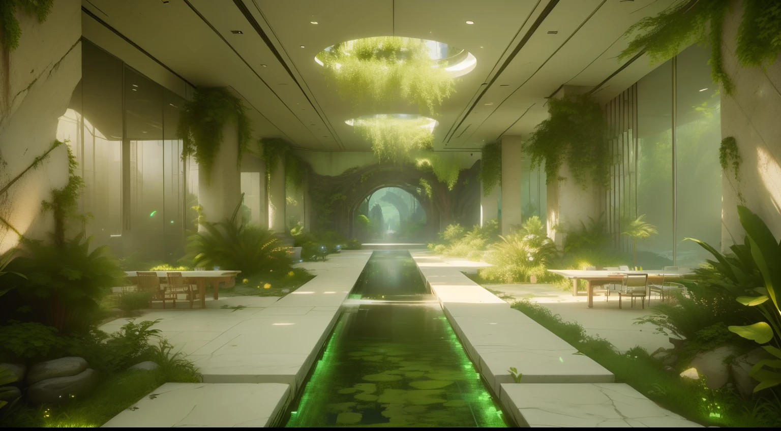 There is a long aisle lined with long tables and chairs on both sides,Water feature in the middle, Encapsulated rendering, Unreal Engine 5 High Rendering, lush foliage cyberpunk, Highly detailed environment, realistic fantasy rendering, Unreal 5 engine rendering, Surreal environment, Detailed Unreal Engine 5 rendering, Render in Unreal Engine 5, futuristic setting, green terrace, Unreal Engine 5 environment, Unreal 5 engine renderinged