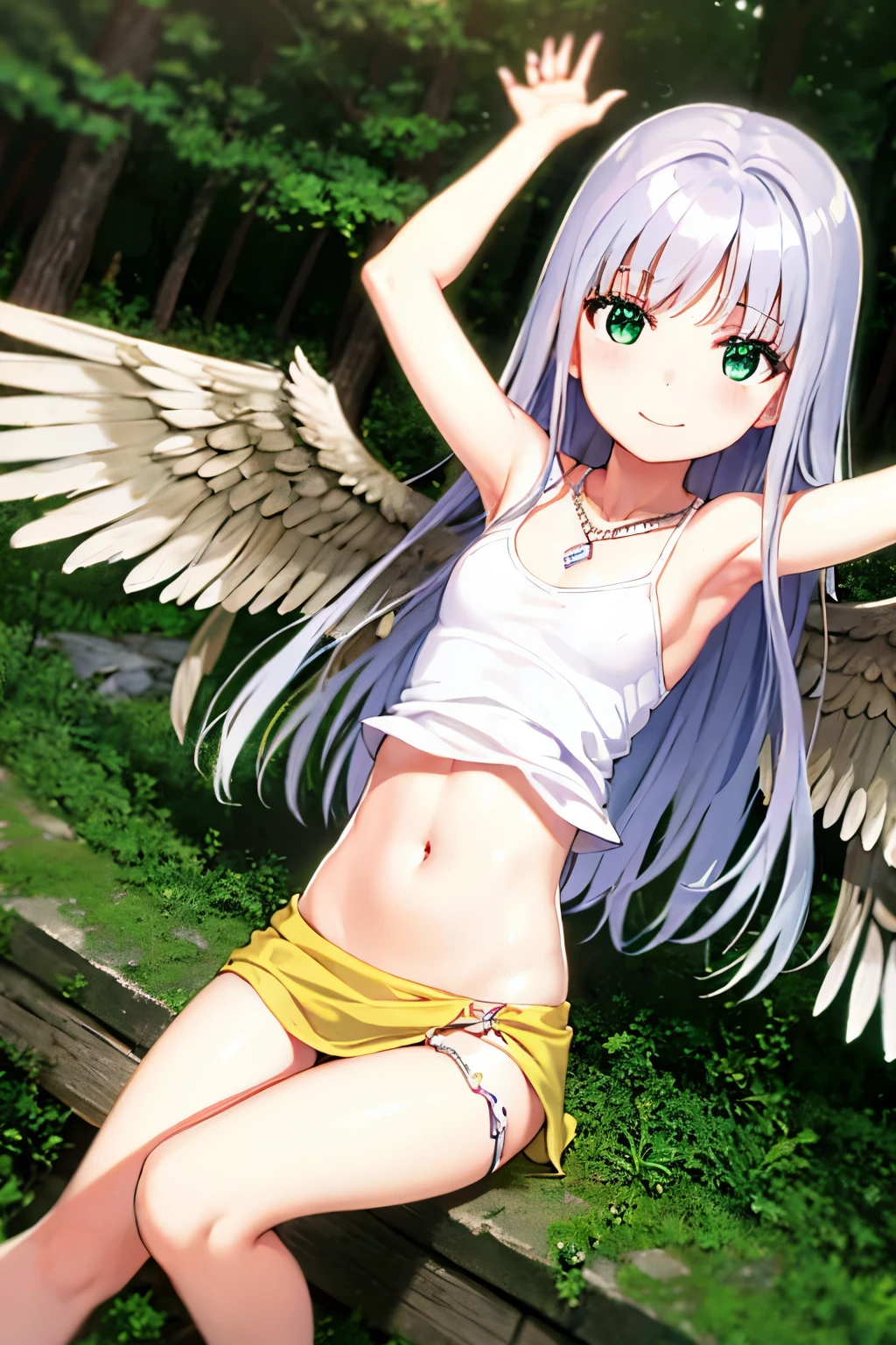 Cabello largo plateado, ojos verdes, headband, tanktop, skirt, flat breast, necklace, wings, sonrisa, happy, abdomen lindo, muslos hermosos, forest, womb tattoo