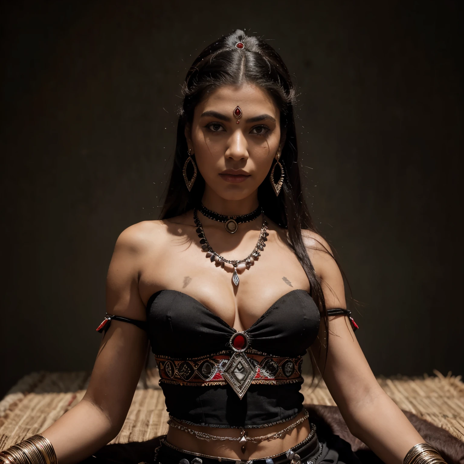  vampira prehispanica azteca nativa mexicana, evidentes colmillos, sensual y , aretes de pentagrama, typical native prehispanic Aztec jewelry, UHD, 32K, epicrealism, vestido negro des prehispanicos aztecas