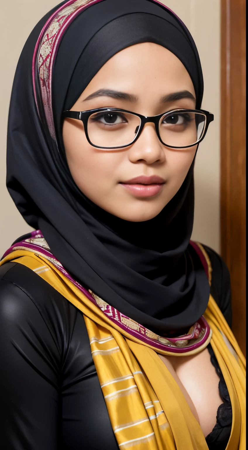 , (iu:0.6), RAW, Best quality, high resolution, Masterpiece: 1.3, Beautiful glasses javanese woman in colorful hijab, Masterpiece, Perfect slim body, Beautiful big eyes, Soft smile, Wearing open chest batik