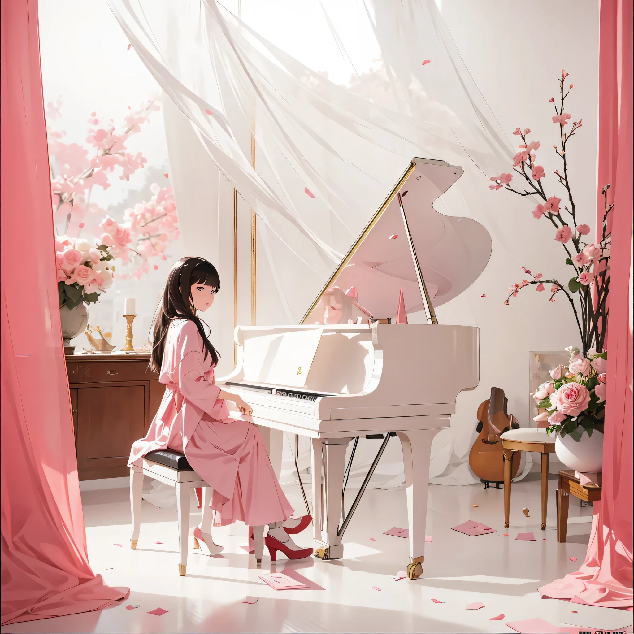 In the pink room,There was a woman sitting at the piano, Gurwitz style artwork, Artigaylan 8K, Artie Guerin style, guweiz, Official fan art, pianist, Artgerm and Atey Ghailan, Gurwitz Masterpiece, official artwork, Painting in animation artist studio, full piano,Ultra HD quality,clear face