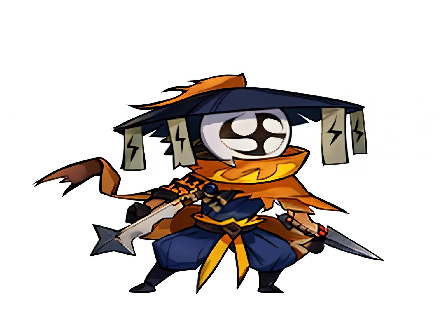 A woman in witch costume、Cartoon character of man holding sword, inspired by horse stone, As a minion of the Dark Souls boss, terrible knight, samurai man tramp, powerful male scarecrow, inspired by Kawabata Ryūshi, author:Master Kanwen, Character art of Maple Leaf Story, Ronin, epic samurai