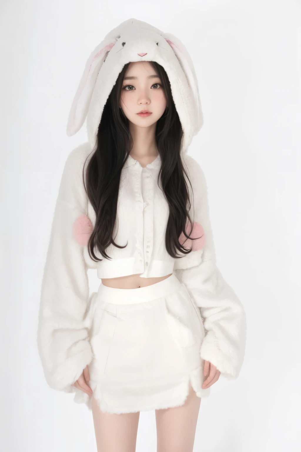 un primer plano de una mujer vestida con un disfraz de conejito blanco, traje de conejo, with long, floppy rabbit ears, ultrarealistic sweet conejita, wearing a traje de conejo, conejita, ulzzang, con orejas de conejo, con orejas de conejo, cute fumo plush conejita, pale, snow-white skin, con grandes orejas de conejo, and - girl, e-chica