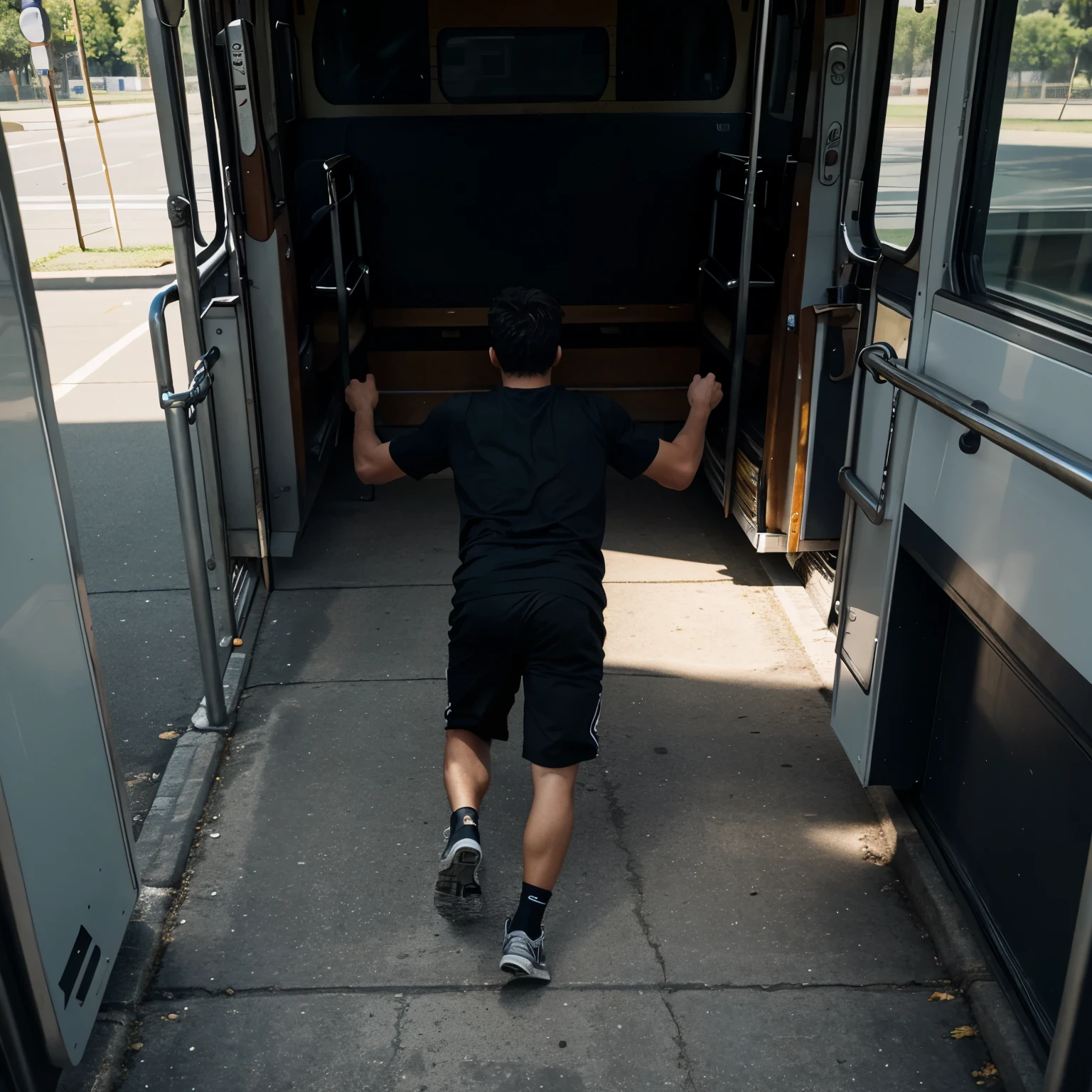 Draw a young man seen from his back, he's trying hard to run towards his dreams and future if front of his bus chains are holding him back by his arms