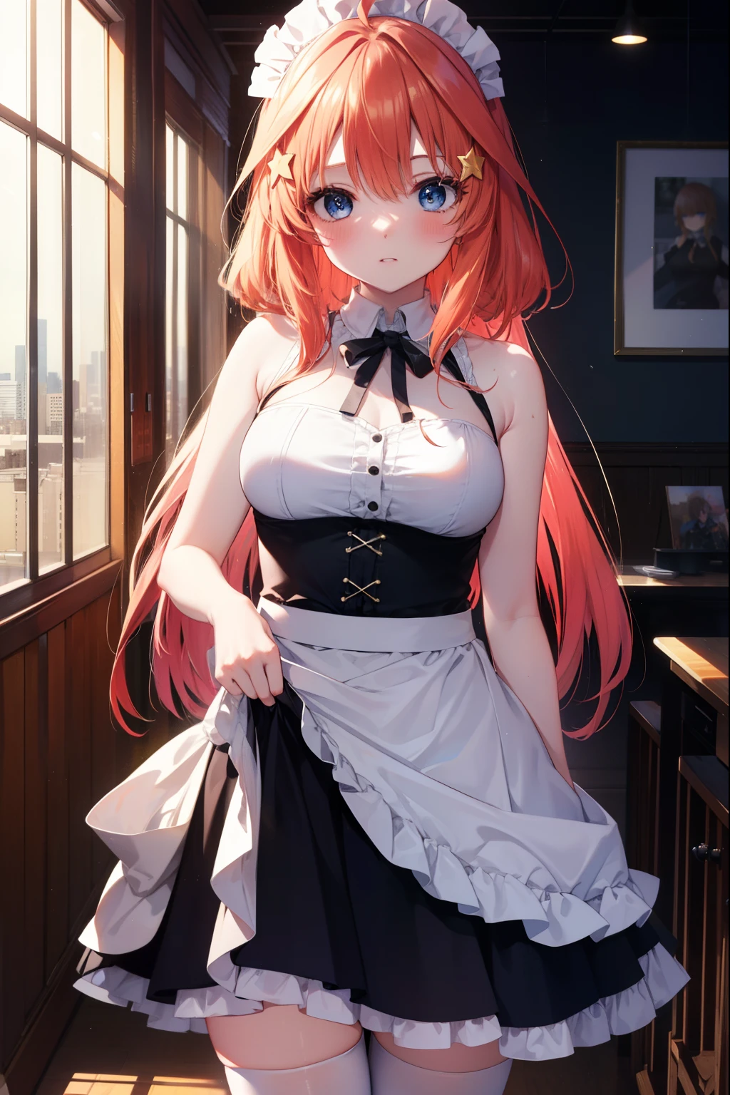 itsukinakano, Itsuki Nakano, bangs, blue eyes, hair between eyes, Ahoge, redhead, star \(symbol\), blush,embarrassing,hair ornaments,long hair,short braided hair, star hair ornaments,she was wearing a maid long skirt,bare shoulders,Bare chest, white stockings on her legs, lift the long skirt with both hands,
break indoors, coffee shop,
break (masterpiece:1.2), highest quality, High resolution, unity 8k wallpaper, (figure:0.8), (detailed and beautiful eyes:1.6), highly detailed face, perfect lighting, Very detailed CG, (perfect hands, perfect anatomy),