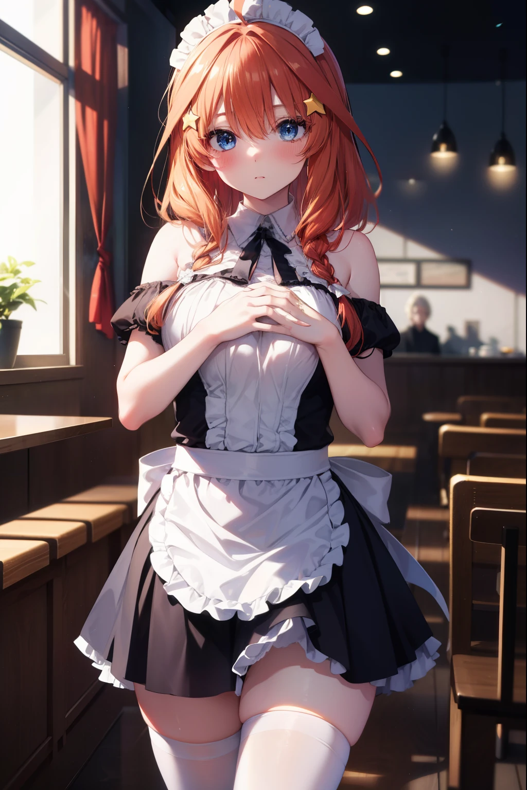 itsukinakano, Itsuki Nakano, bangs, blue eyes, hair between eyes, Ahoge, redhead, star \(symbol\), blush,embarrassing,hair ornaments,long hair,short braided hair, star hair ornaments,she was wearing a maid long skirt,bare shoulders,Bare chest, white stockings on her legs, lift the long skirt with both hands,
break indoors, coffee shop,
break (masterpiece:1.2), highest quality, High resolution, unity 8k wallpaper, (figure:0.8), (detailed and beautiful eyes:1.6), highly detailed face, perfect lighting, Very detailed CG, (perfect hands, perfect anatomy),