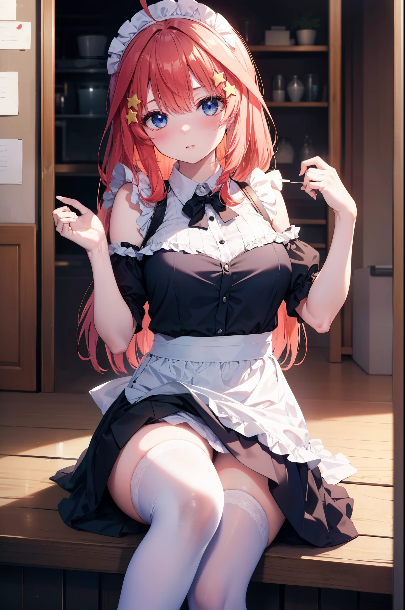 itsukinakano, Itsuki Nakano, bangs, blue eyes, hair between eyes, Ahoge, redhead, star \(symbol\), blush,embarrassing,hair ornaments,long hair,short braided hair, star hair ornaments,she was wearing a maid long skirt,bare shoulders,Bare chest, white stockings on her legs, lift the long skirt with both hands,
break indoors, coffee shop,
break (masterpiece:1.2), highest quality, High resolution, unity 8k wallpaper, (figure:0.8), (detailed and beautiful eyes:1.6), highly detailed face, perfect lighting, Very detailed CG, (perfect hands, perfect anatomy),